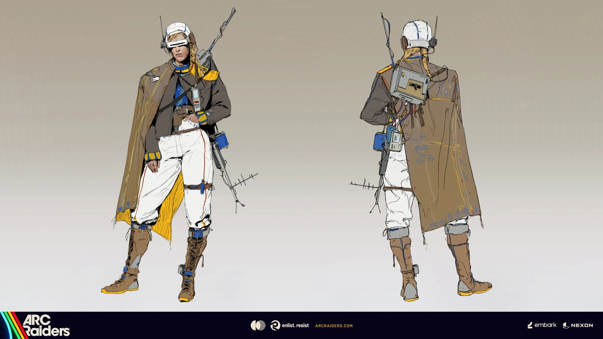 Two views of a white-helmeted character with an olive cape, yellow and blue accents, white trousers and equipment mounted on a backpack.