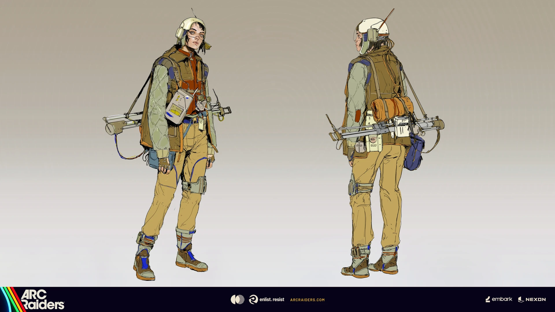 Two character views showing olive and mustard clothing, a headset, orange pouches and long equipment carried across the lower back.