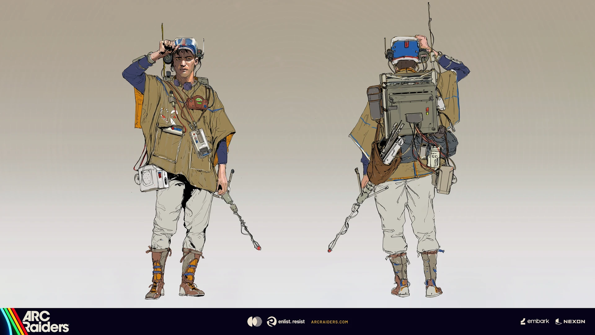 A character lifts blue goggles in the front view; the rear view shows a large backpack, attached devices and cables above pale trousers.