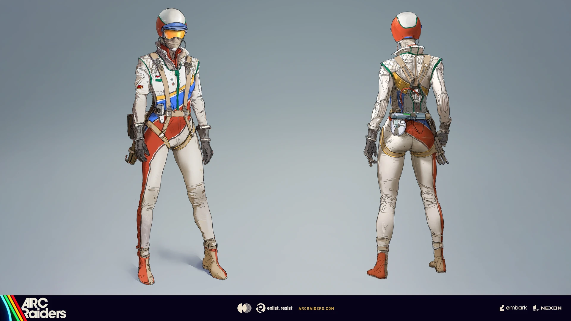 Two views of a character in a fitted white suit, an orange and white helmet with an amber visor, colored harness straps and portable devices.