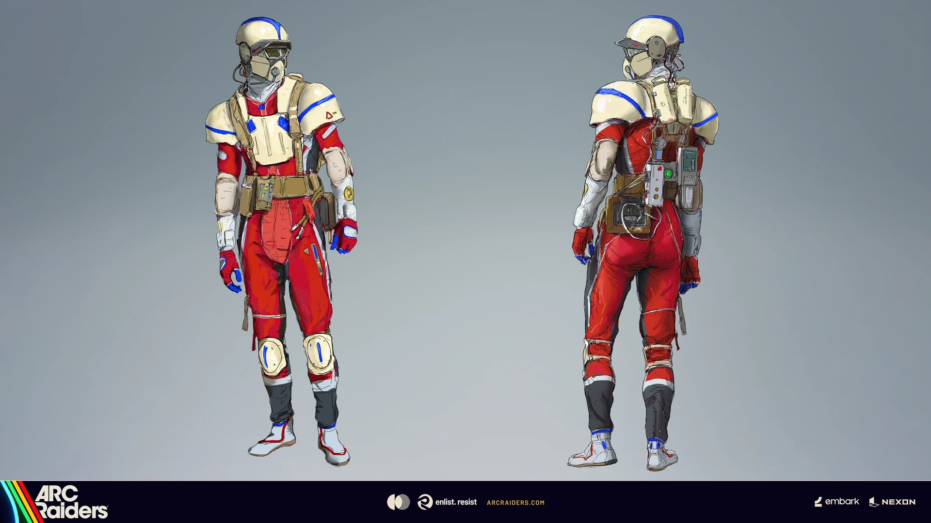 Two views of a red-suited character with a cream helmet, pale protective plates, blue trim and multiple devices attached at the back.