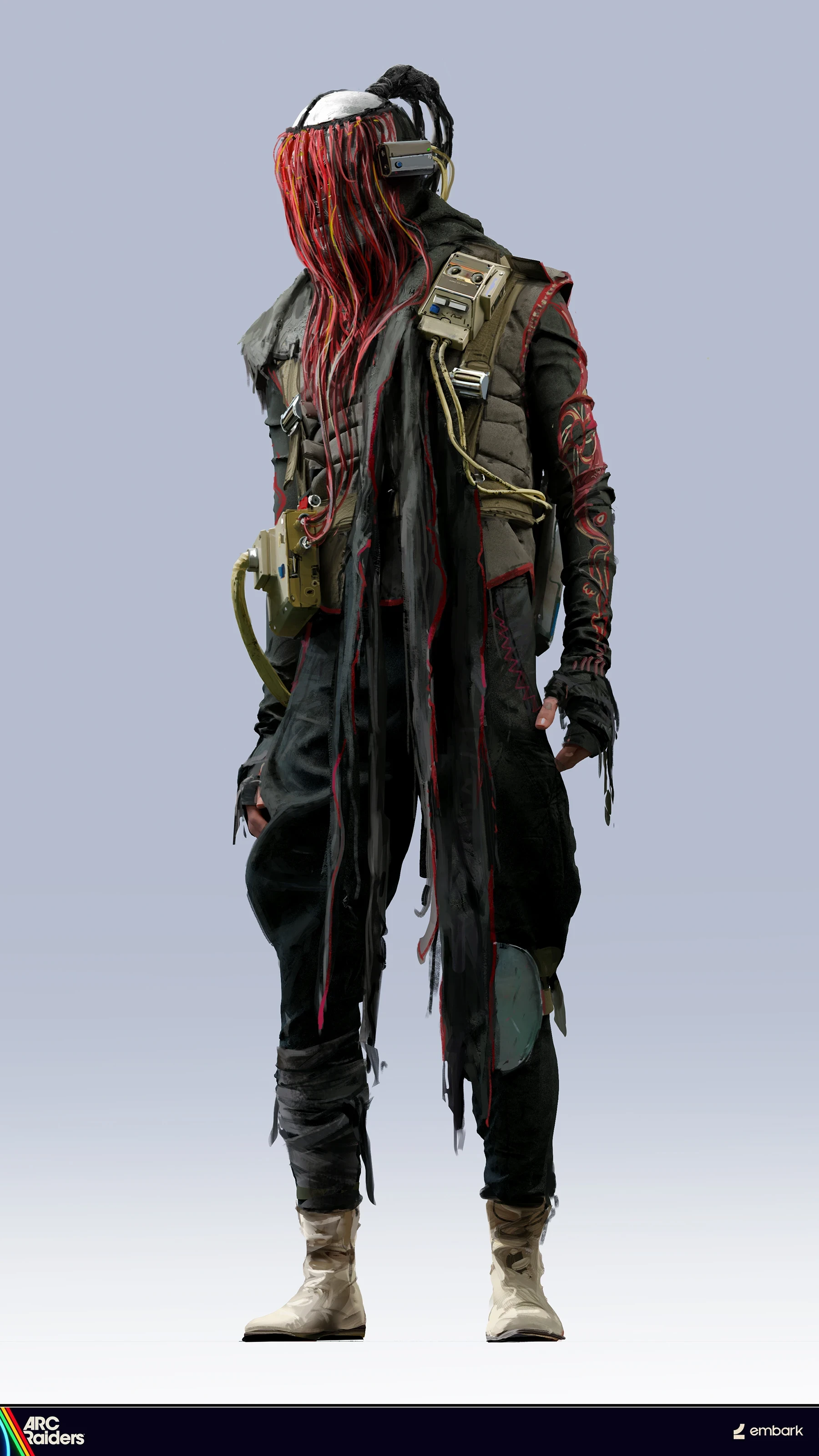 A black-clad ARC Raiders character with red cables hanging from a helmet, portable equipment on the shoulders and belt, and pale boots.