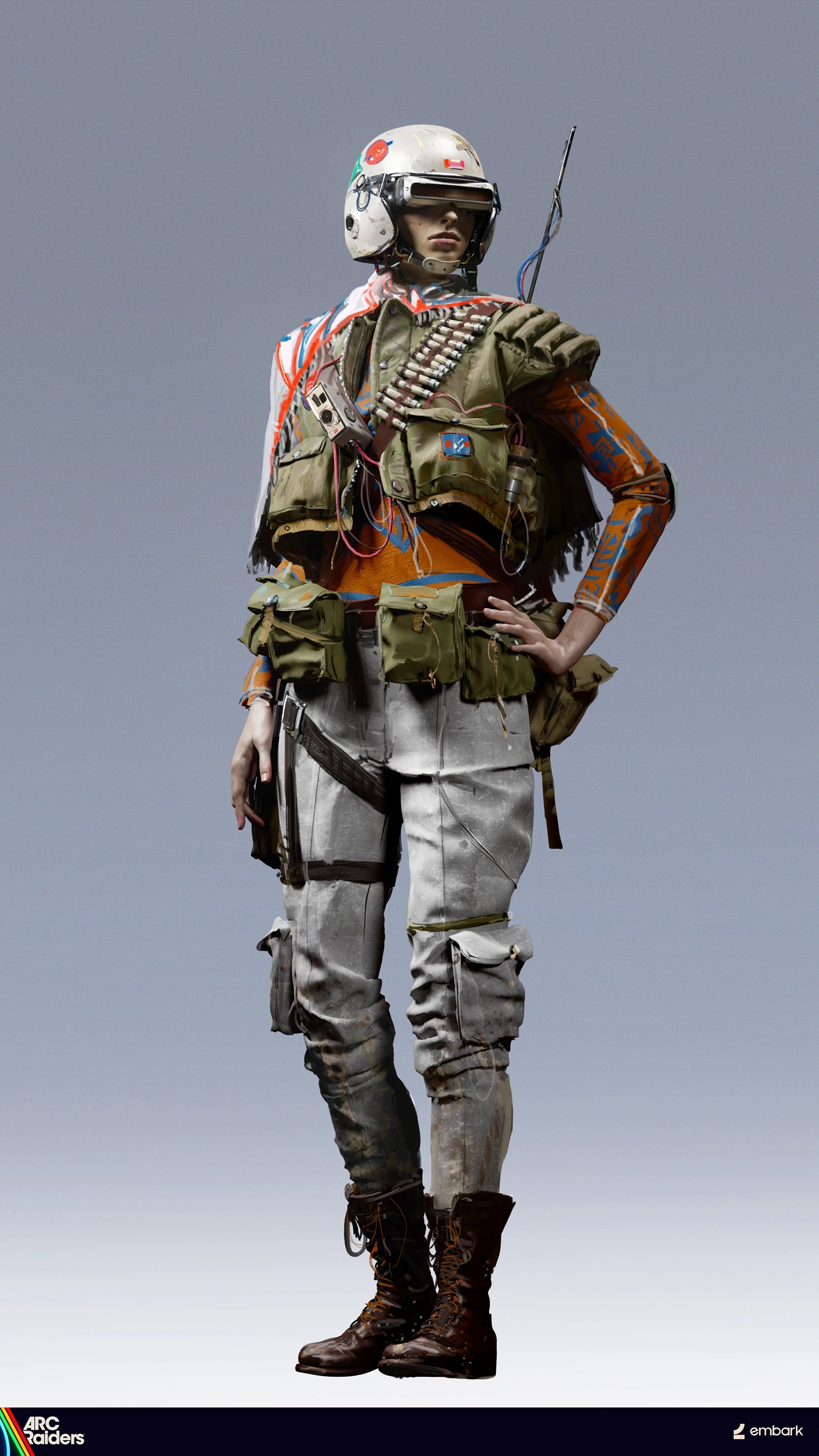 A full-body ARC Raiders character wearing a white sticker-covered helmet, an olive utility vest, patterned orange sleeves, white trousers and dark boots.
