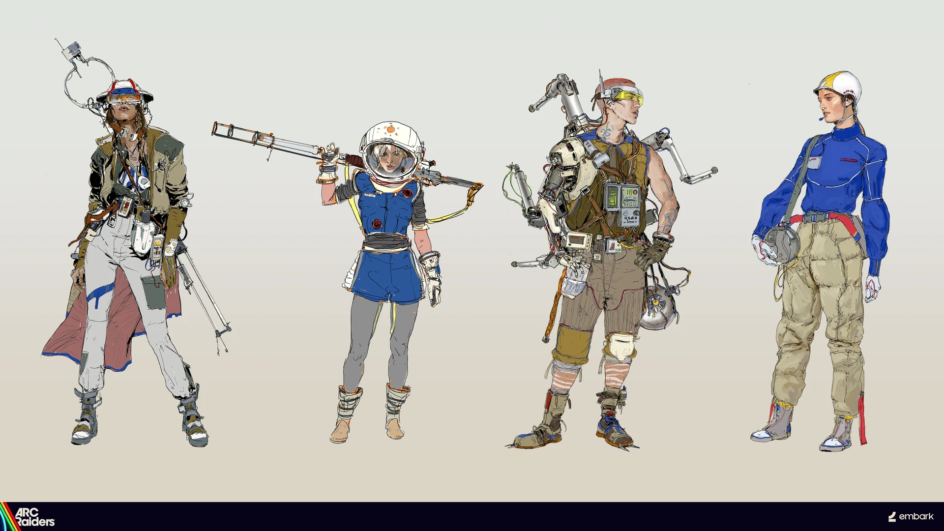Four ARC Raiders character concepts presented together, with varied helmets, layered field clothing, portable equipment and blue accents.