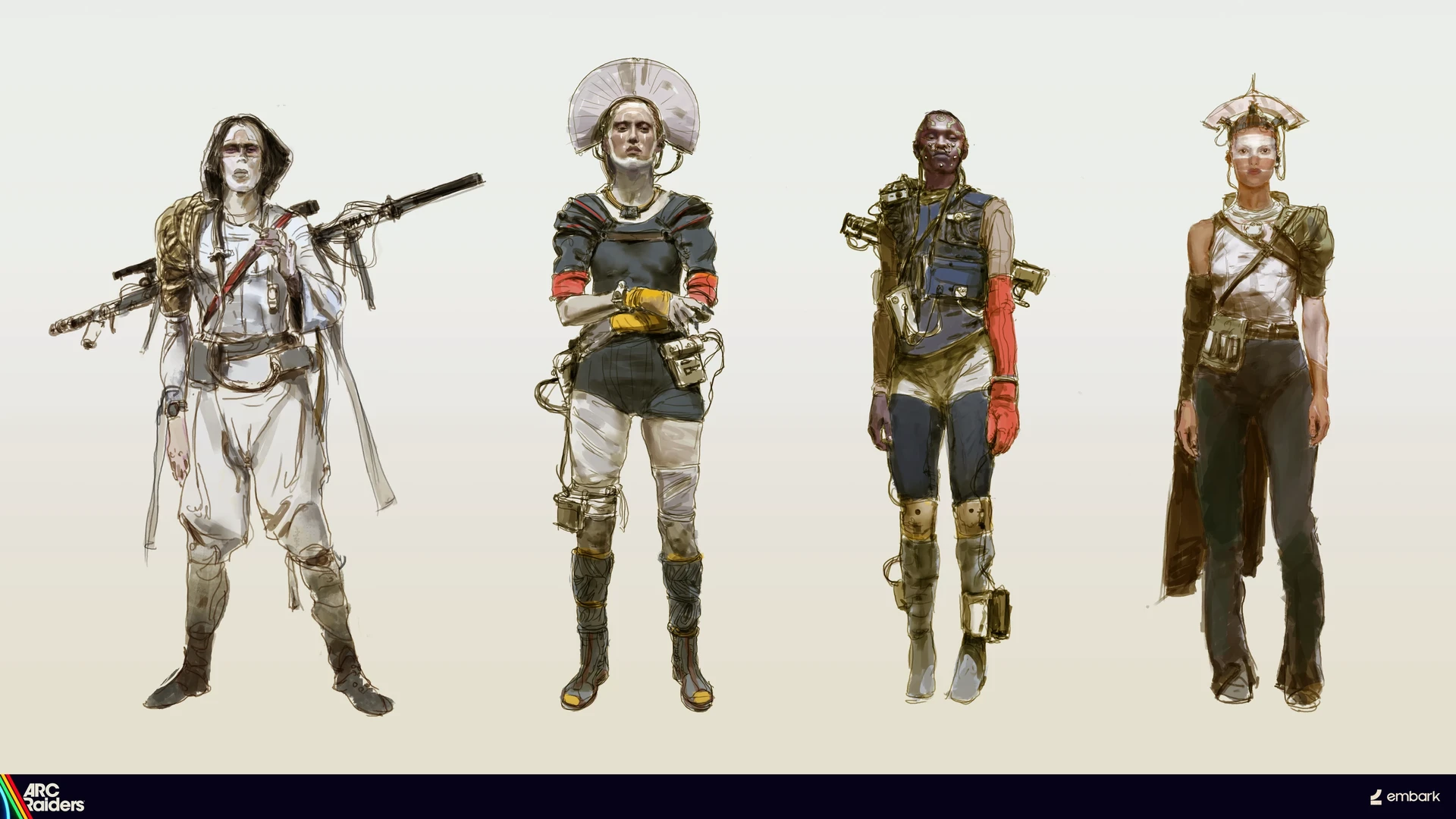 Four character concepts with contrasting clothing and headgear, including a pale long coat, circular headpiece, red sleeve and structured golden headwear.