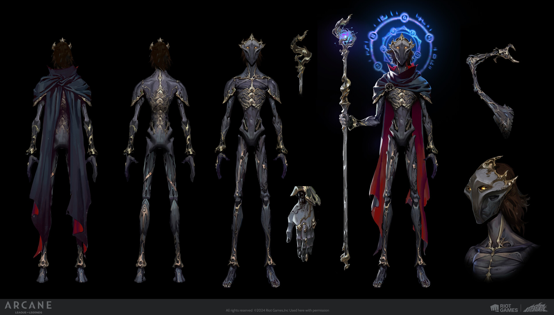 Viktor's full-body design from the front and back, with cape, staff, hand and head details on black.