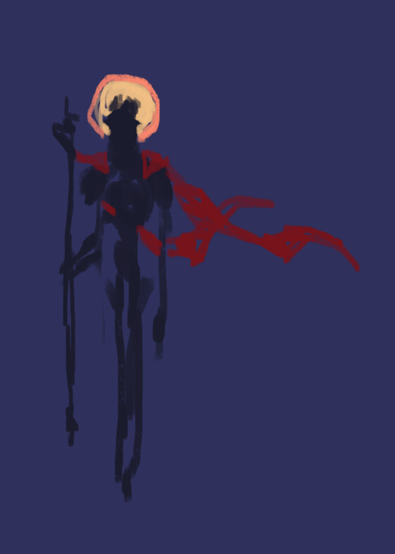 A small painted Viktor silhouette with a staff, red cape and orange halo against blue.