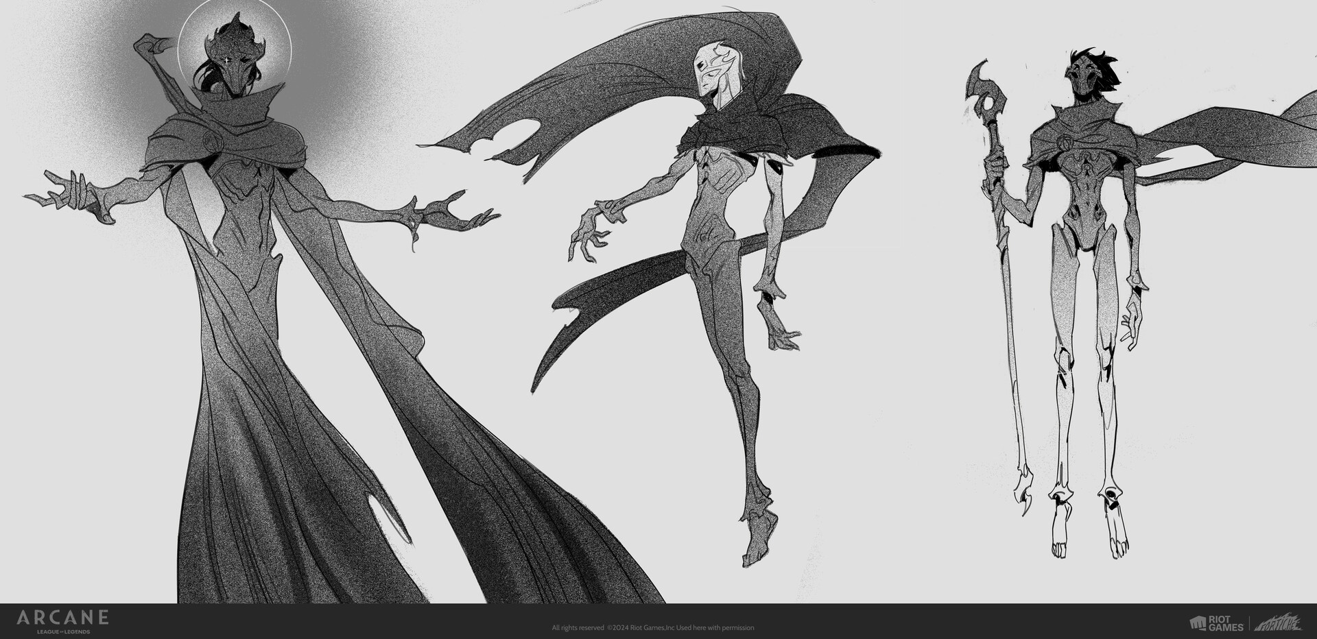 Three monochrome Viktor designs with outstretched arms, flowing cloth and a long staff.