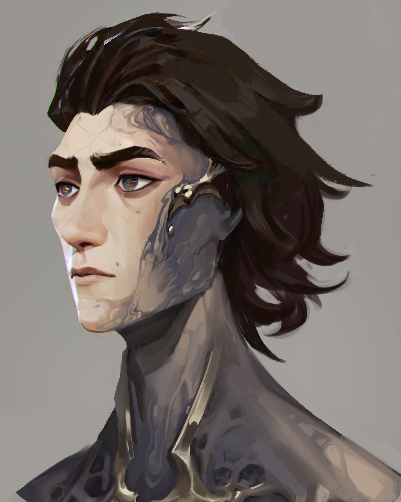 Viktor's unmasked face with dark hair and organic metallic patterns spreading across his cheek and neck.