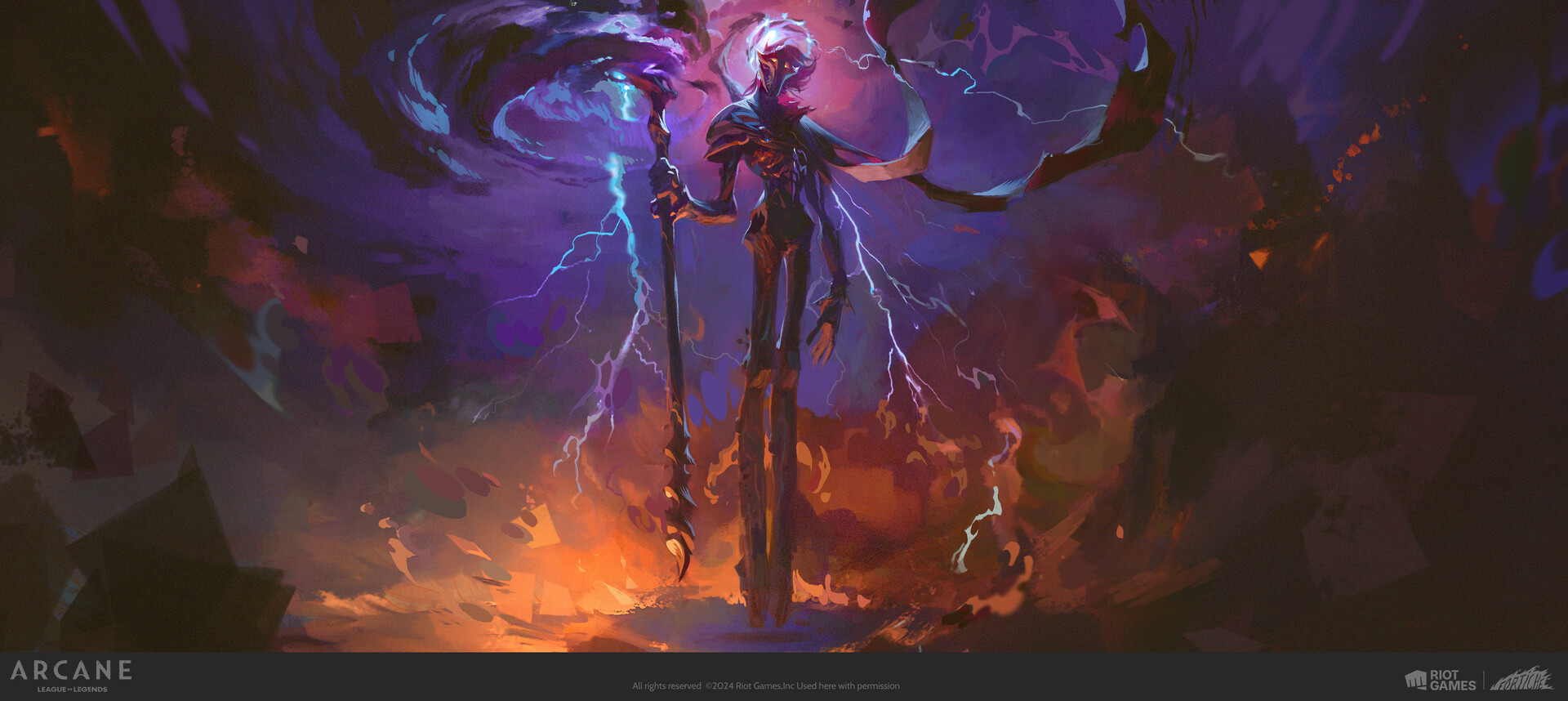 Viktor holding a staff above an orange glow, surrounded by violet forms and blue lightning.