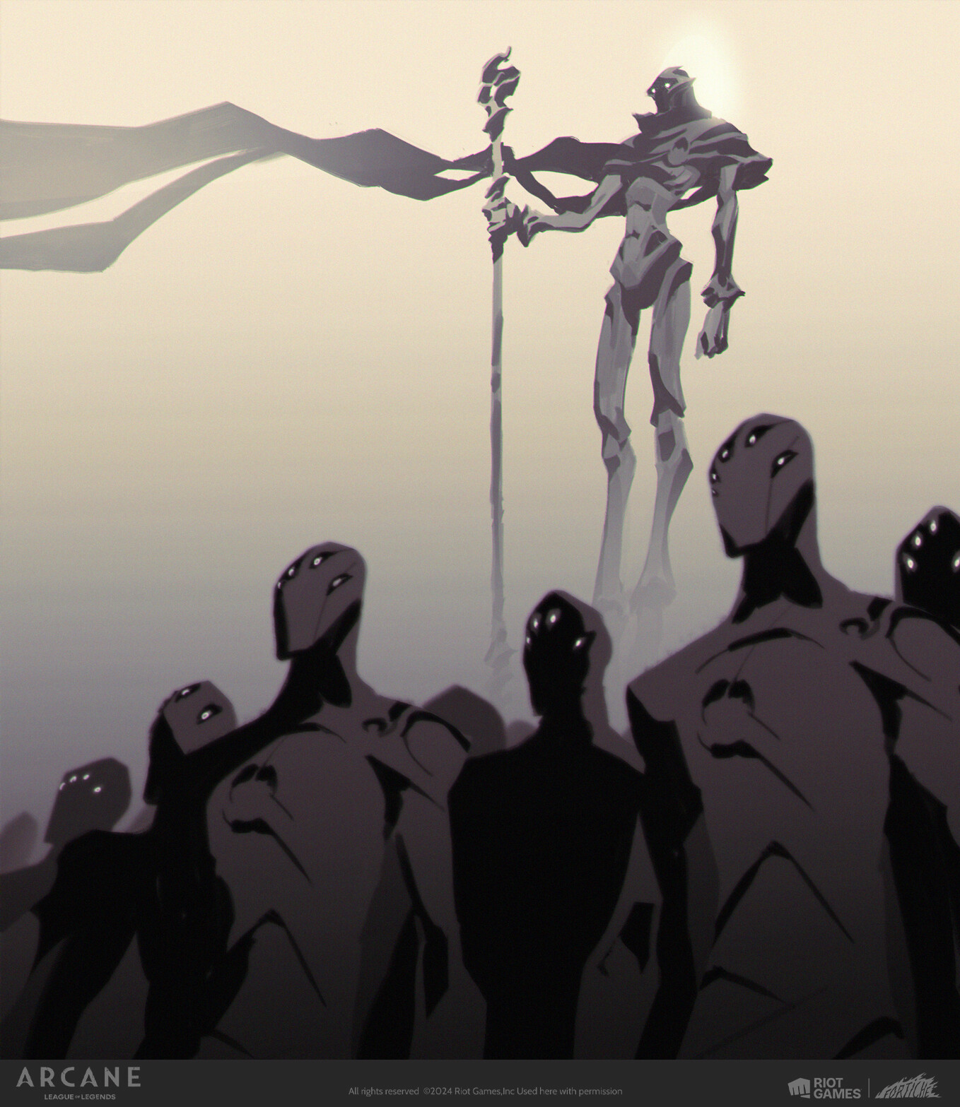 An elongated Viktor with staff and trailing cape behind a group of dark, multi-eyed figures.