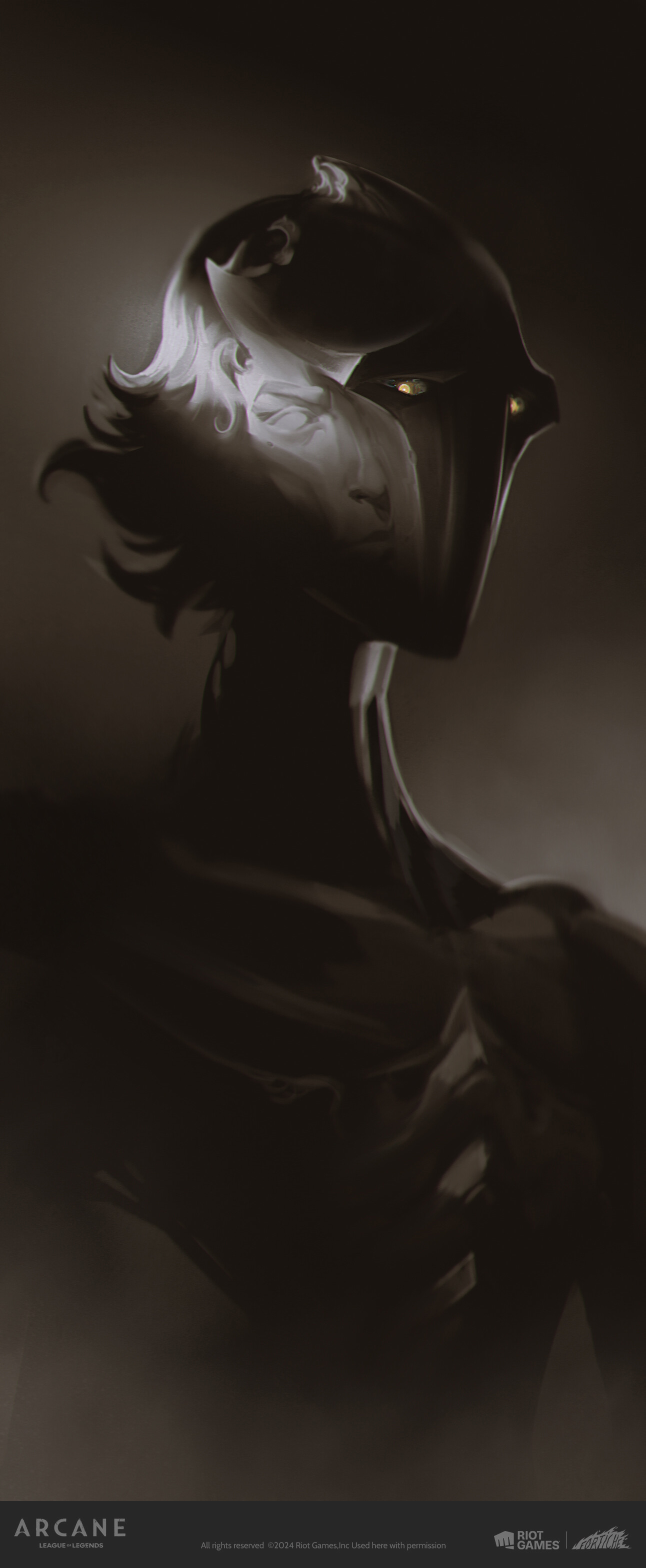A tall, dark portrait of Viktor with pale hair, a metallic face covering and small amber eyes.