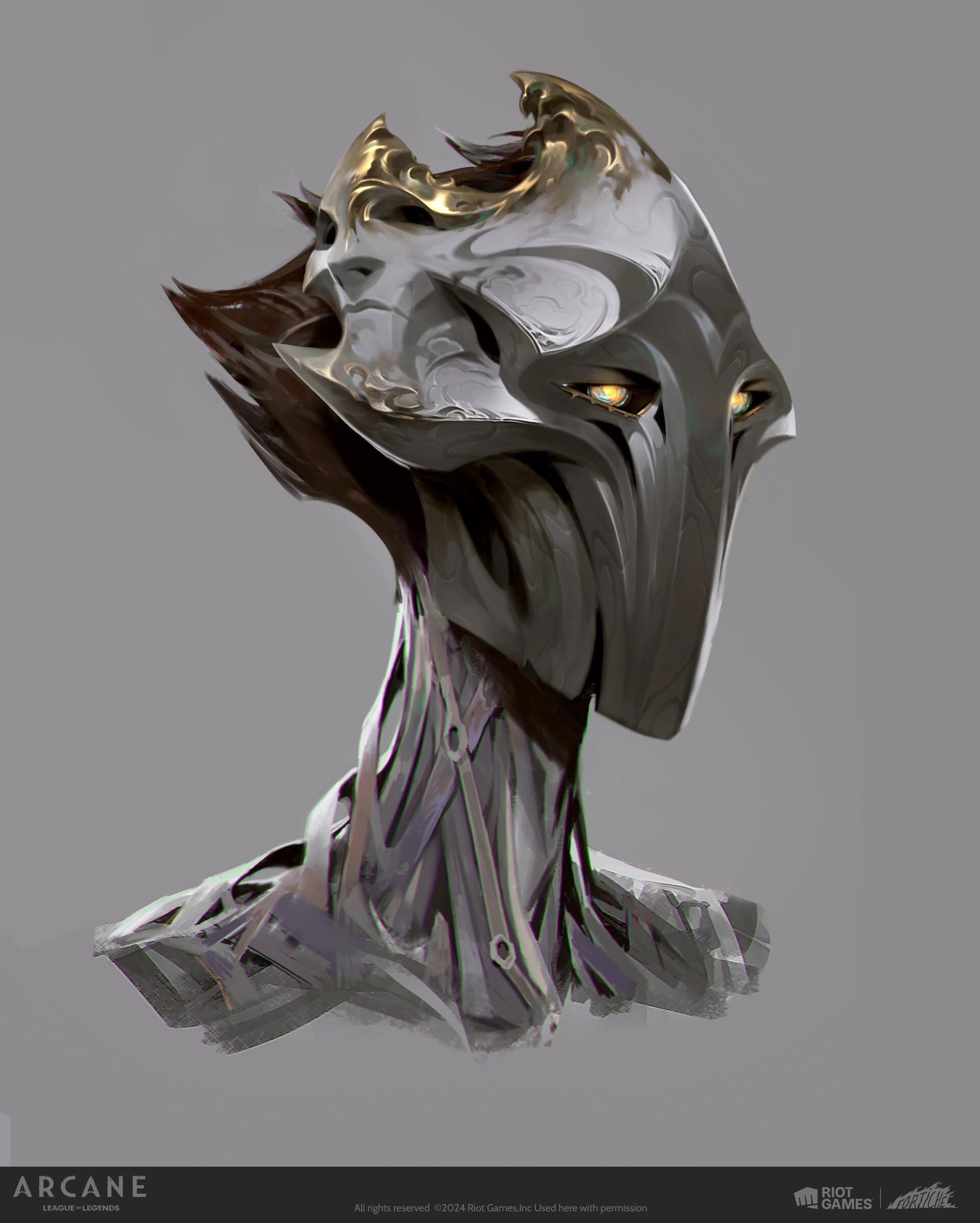 Viktor's sculptural mask and elongated neck against grey, with gold ornament and glowing eyes.
