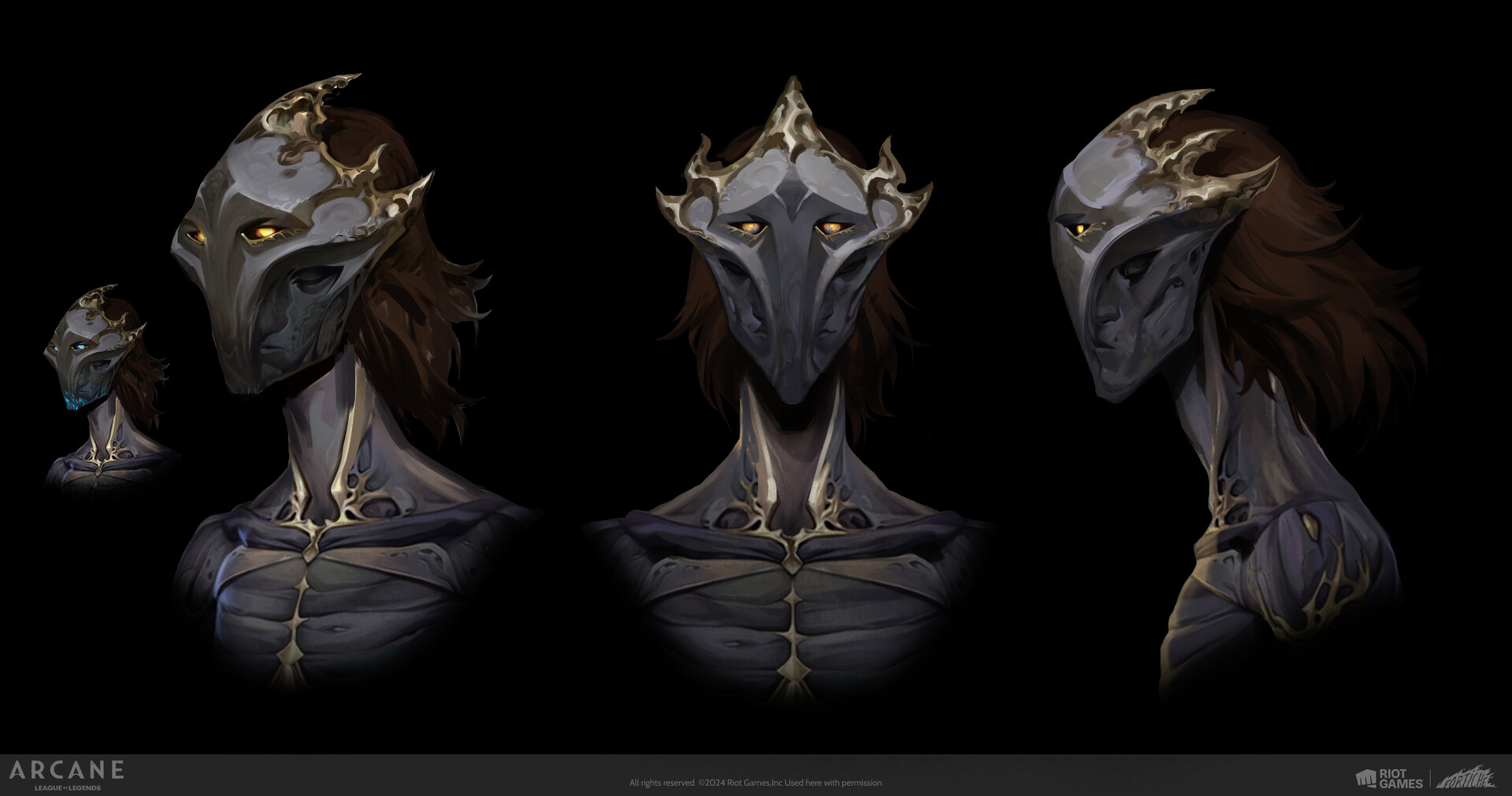Front, side and three-quarter portraits of Viktor wearing a silver and gold mask, with amber eyes.