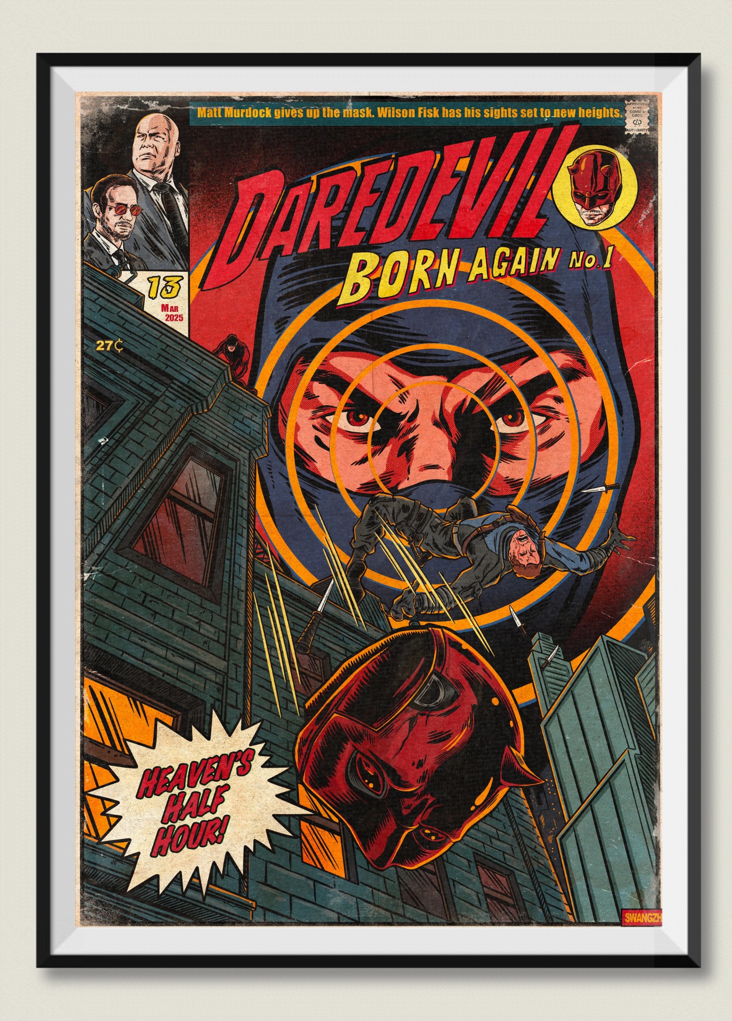 Hongfei Liu's Daredevil: Born Again fan illustrations. Cover No. 1: Bullseye, the falling figure and Daredevil's mask.