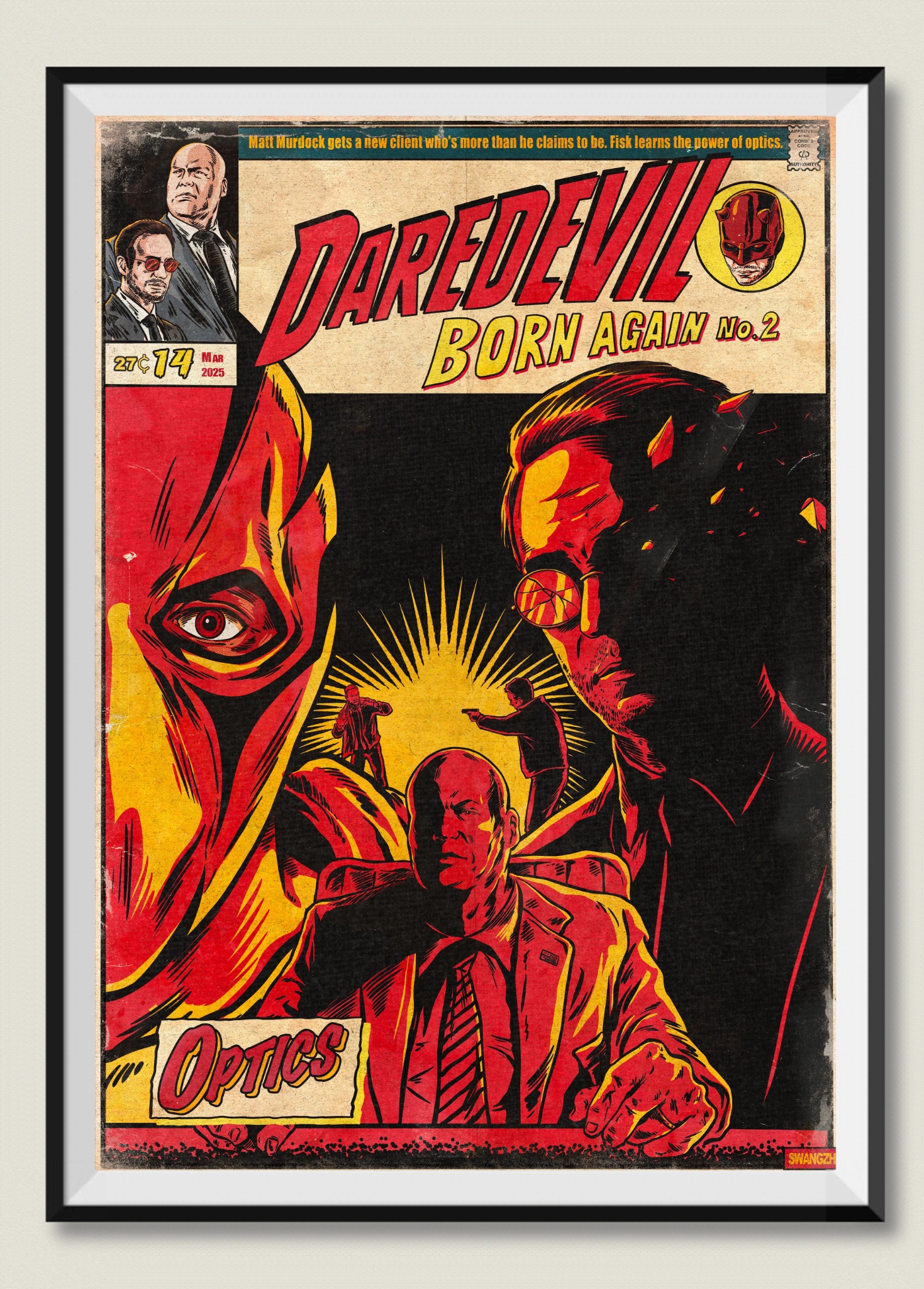 Hongfei Liu's Daredevil: Born Again fan illustrations. Cover No. 2: Daredevil, Matt Murdock and Wilson Fisk in red, yellow and black.