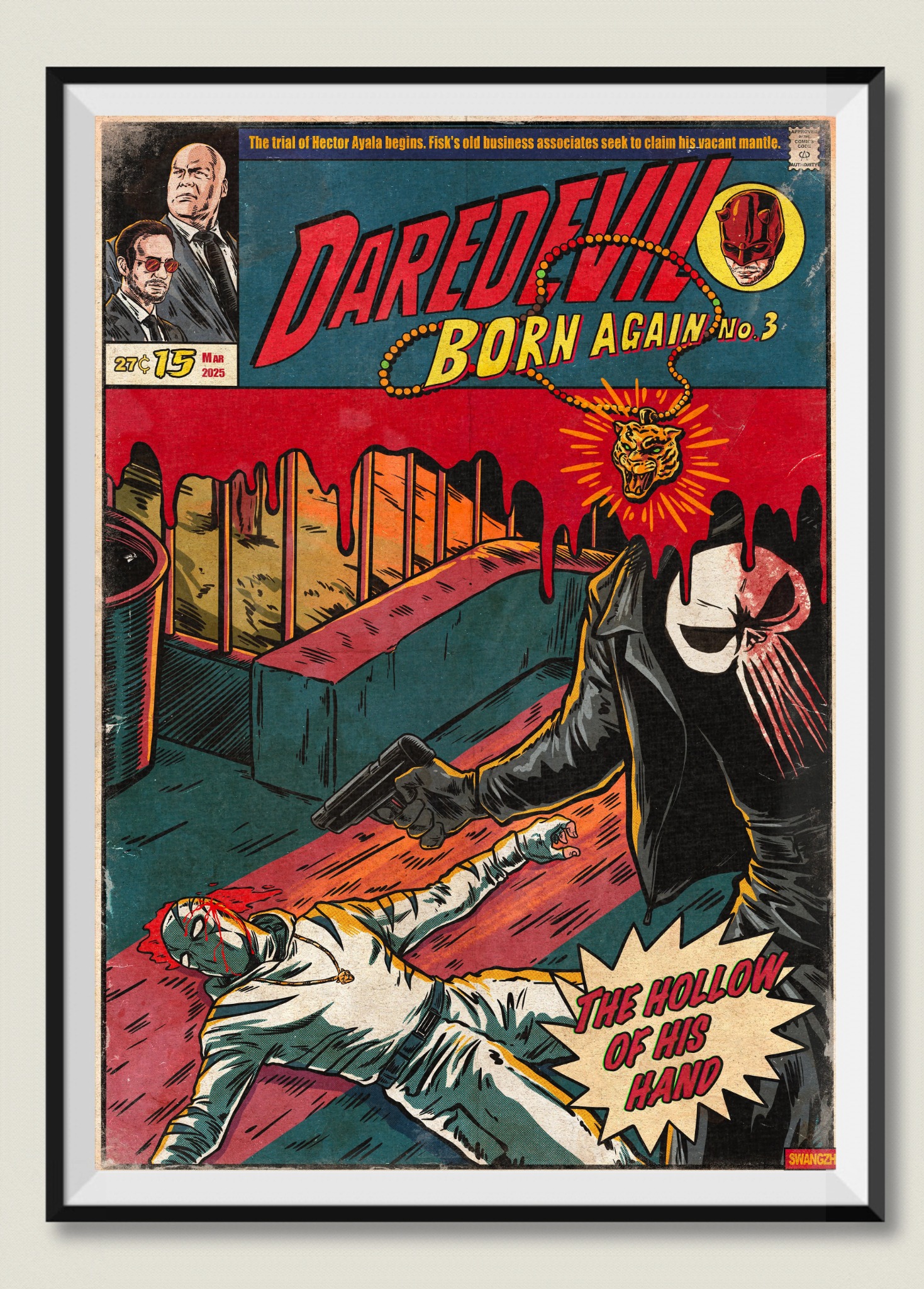 Hongfei Liu's Daredevil: Born Again fan illustrations. Cover No. 3: the White Tiger pendant, Punisher imagery and rooftop scene.