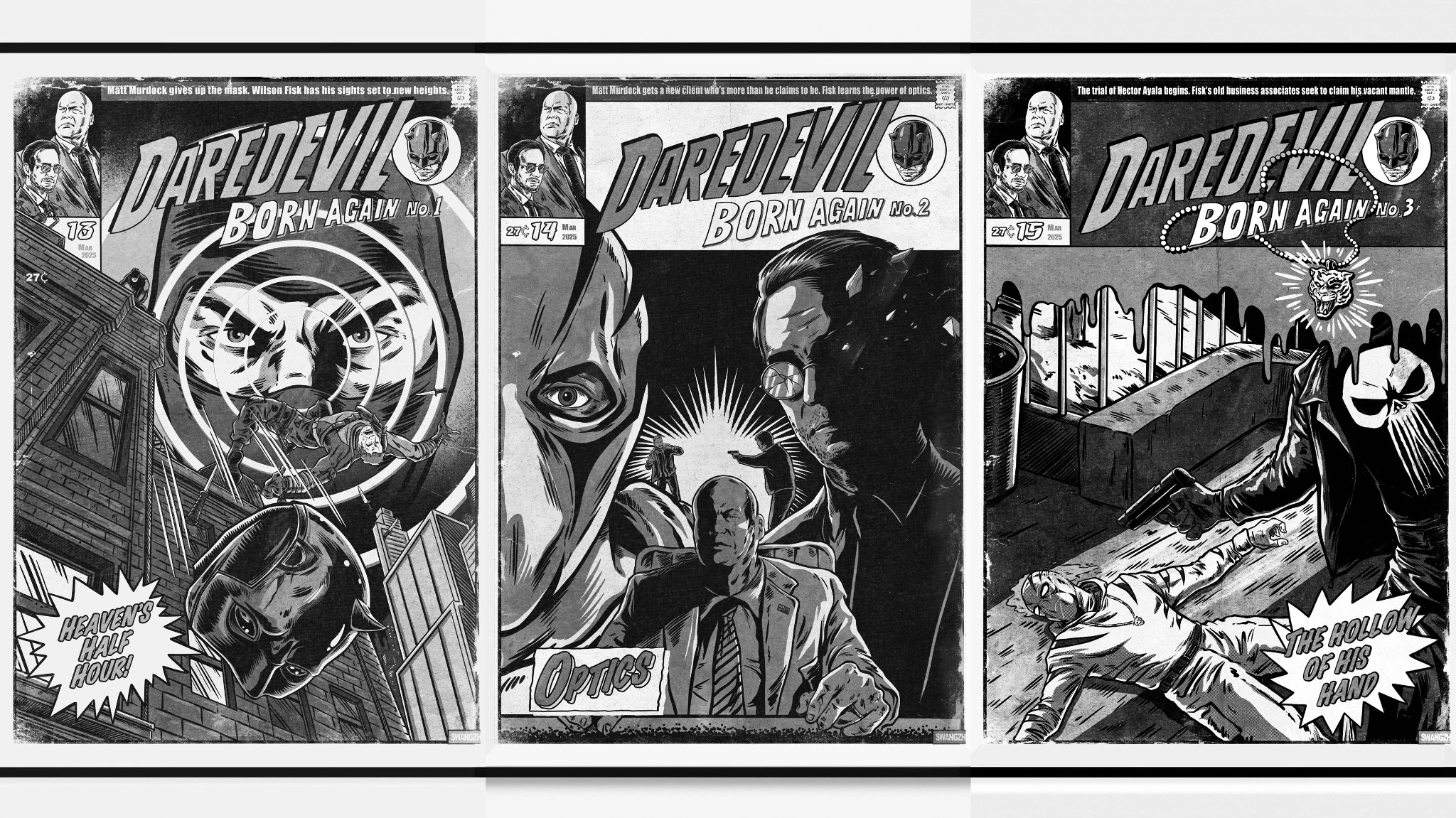 Hongfei Liu's Daredevil: Born Again fan illustrations. The artist's original monochrome presentation of all three covers.