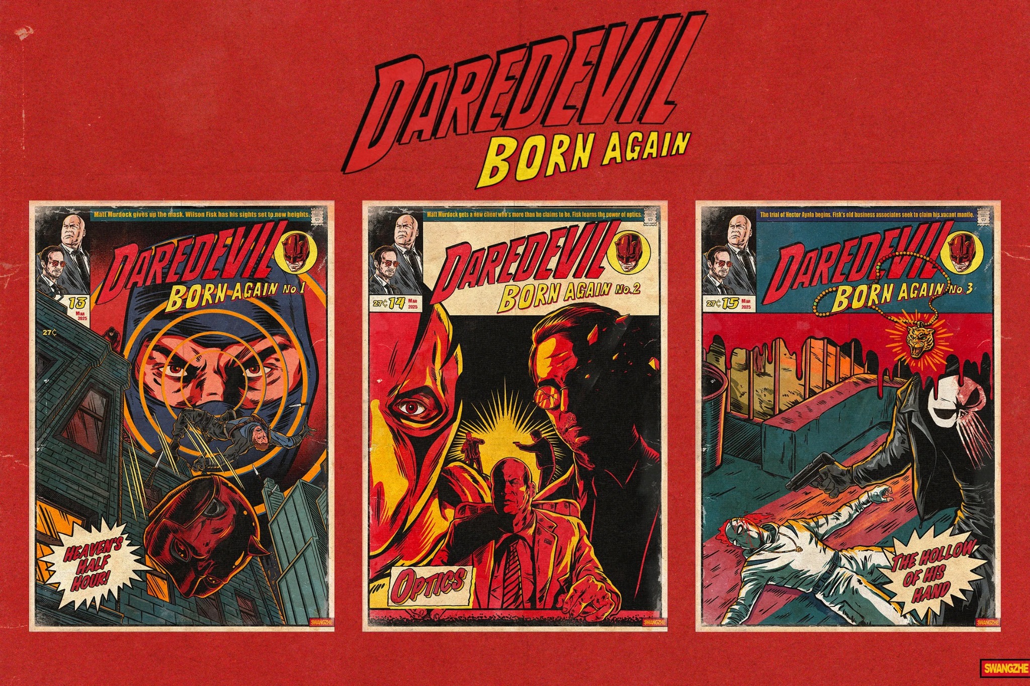 Hongfei Liu's Daredevil: Born Again fan illustrations. The three illustrated covers together in the artist's original overview.