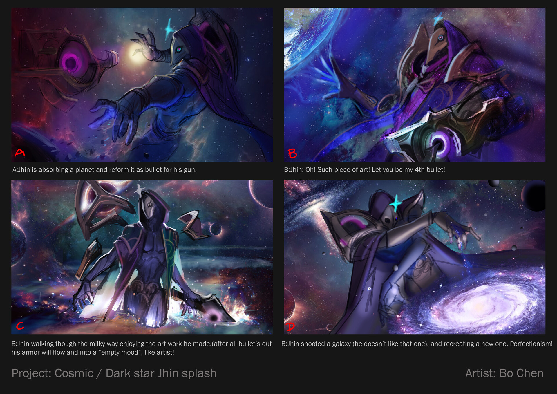 Four annotated Dark Cosmic Jhin concepts labeled A, B, C and D, exploring different poses, weapons and cosmic compositions.
