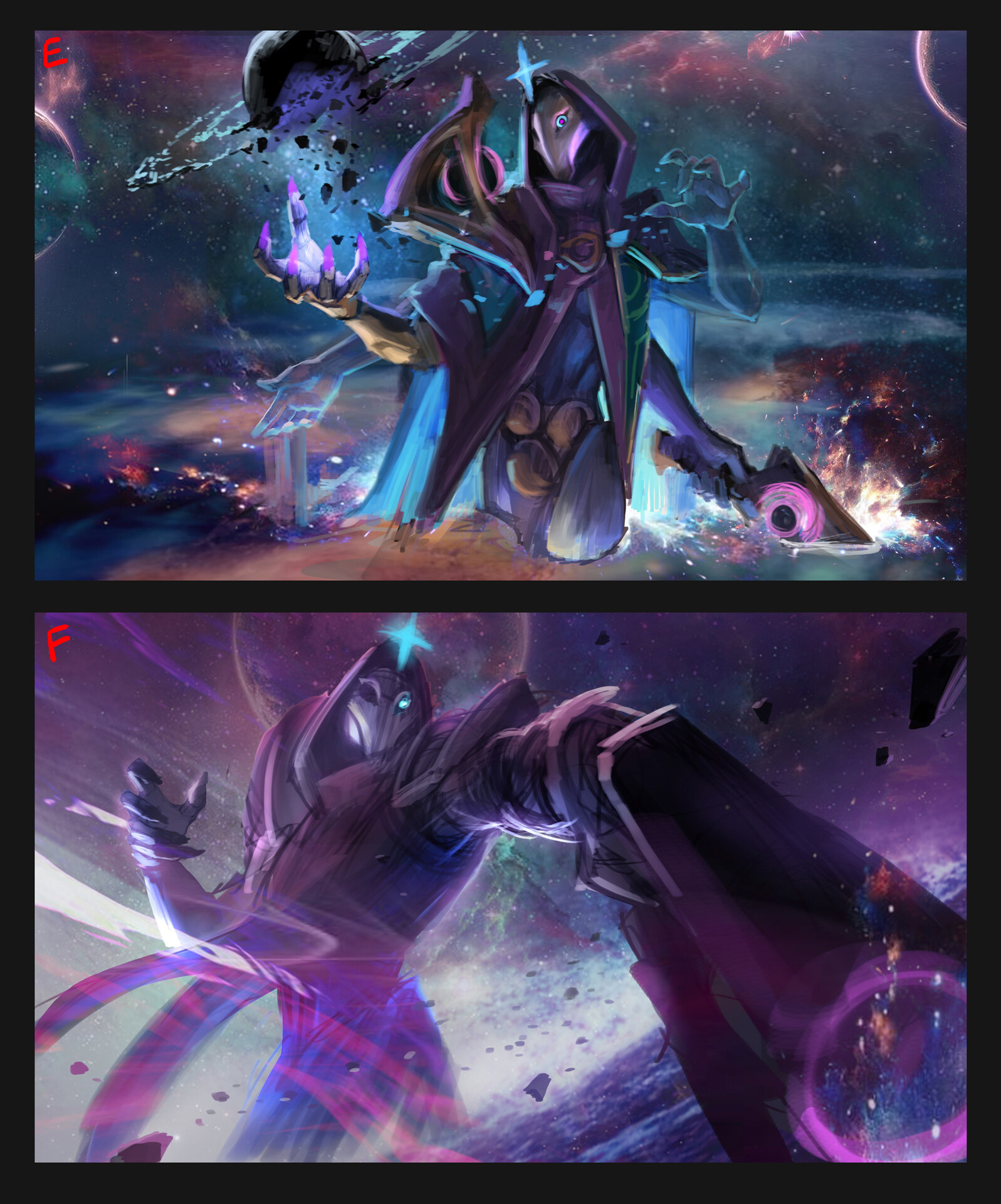 Two Dark Cosmic Jhin concepts labeled E and F: a front-facing composition with a shattered planet and an angled view with outstretched arms.