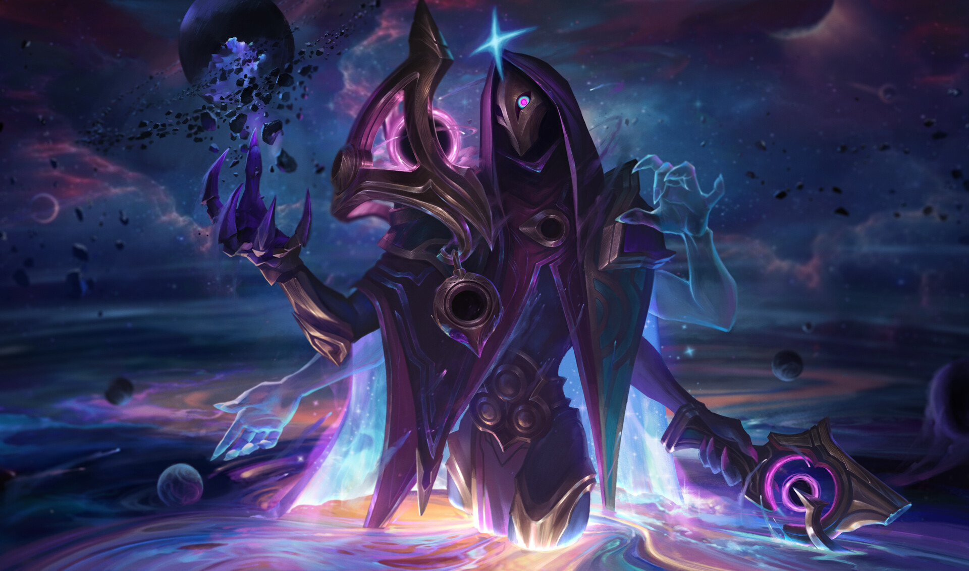 Jhin in violet and gold armor holds a fragmenting planet above his hand, with a glowing weapon and translucent arms against a blue and purple cosmic background.