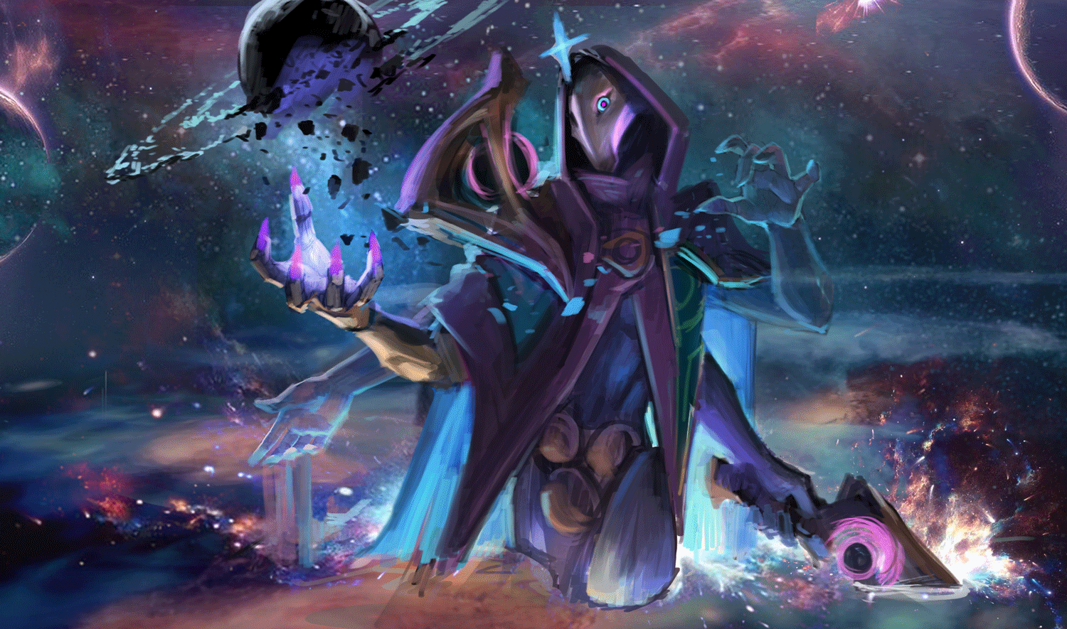 Six-frame animation showing successive versions of Dark Cosmic Jhin's splash illustration, from an early painted composition to the finished image.