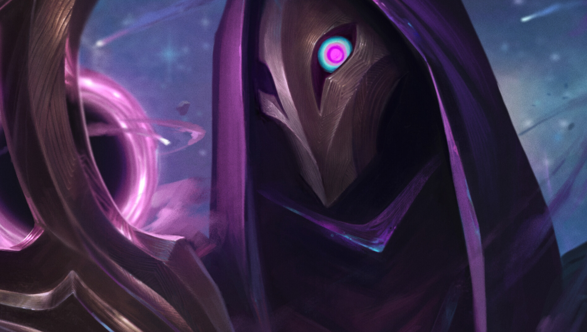 Close-up of Jhin's angular golden mask, luminous cyan and magenta eye, violet hood and curved shoulder armor.