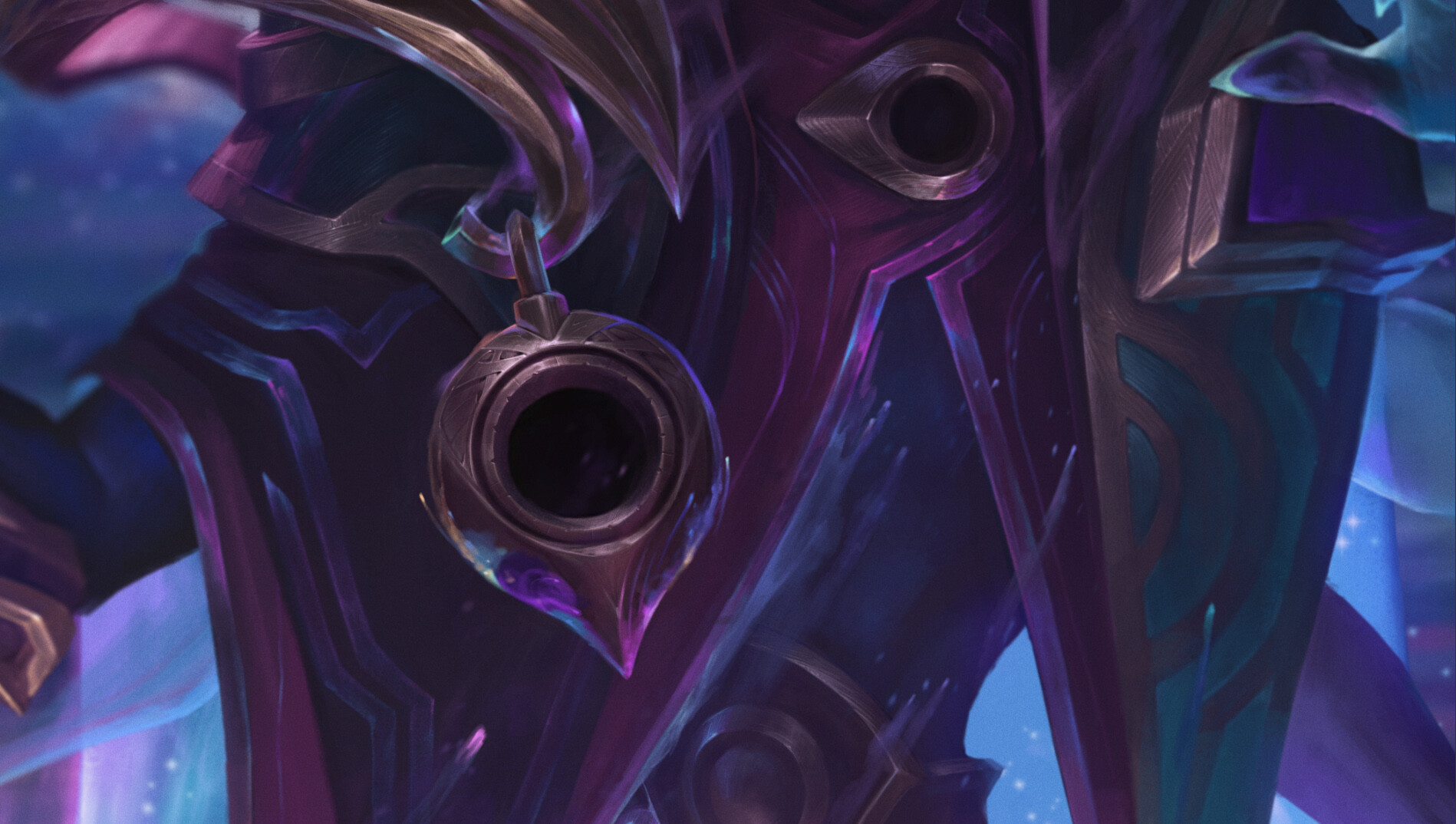 Close-up of Dark Cosmic Jhin's layered purple armor, bronze edges and circular weapon forms with cyan-lit accents.