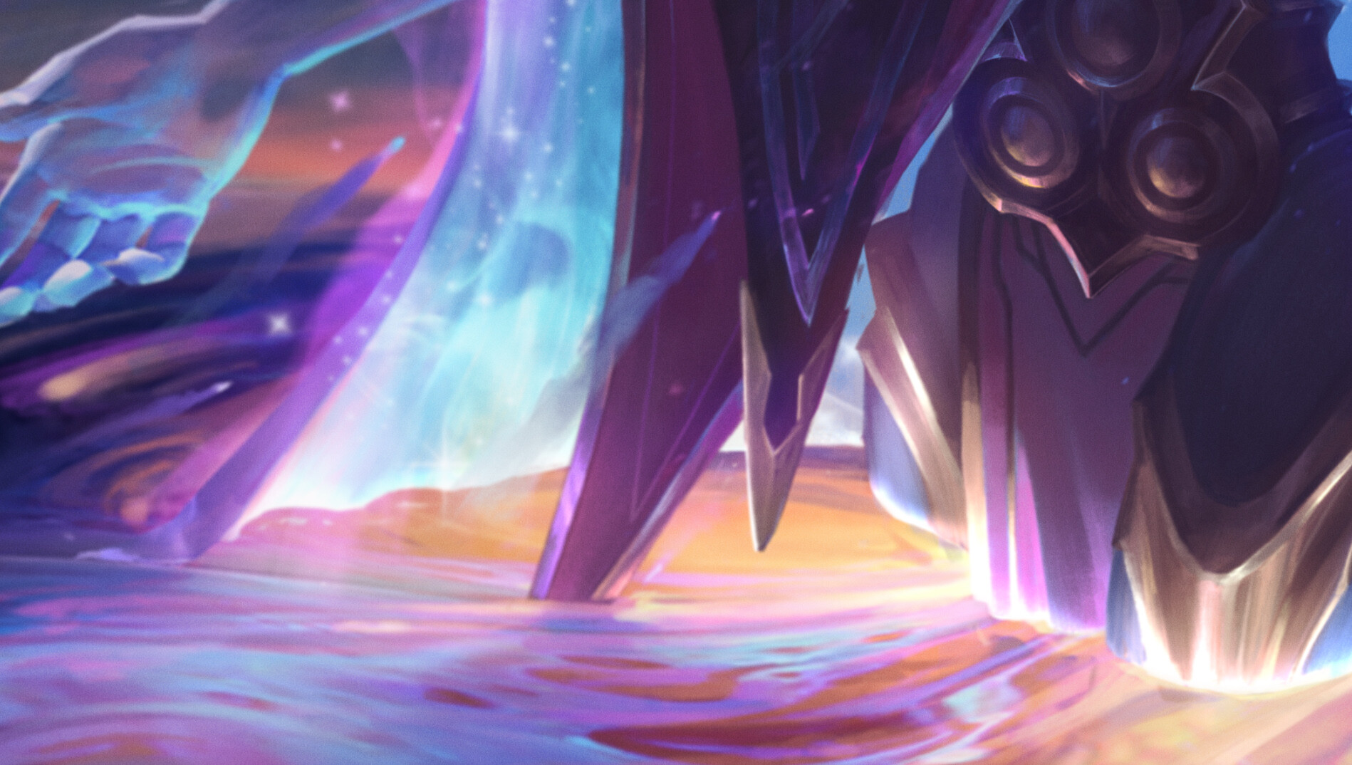Dark Cosmic Jhin's pointed lower armor and translucent cyan arm above luminous pink, blue and gold bands of light.