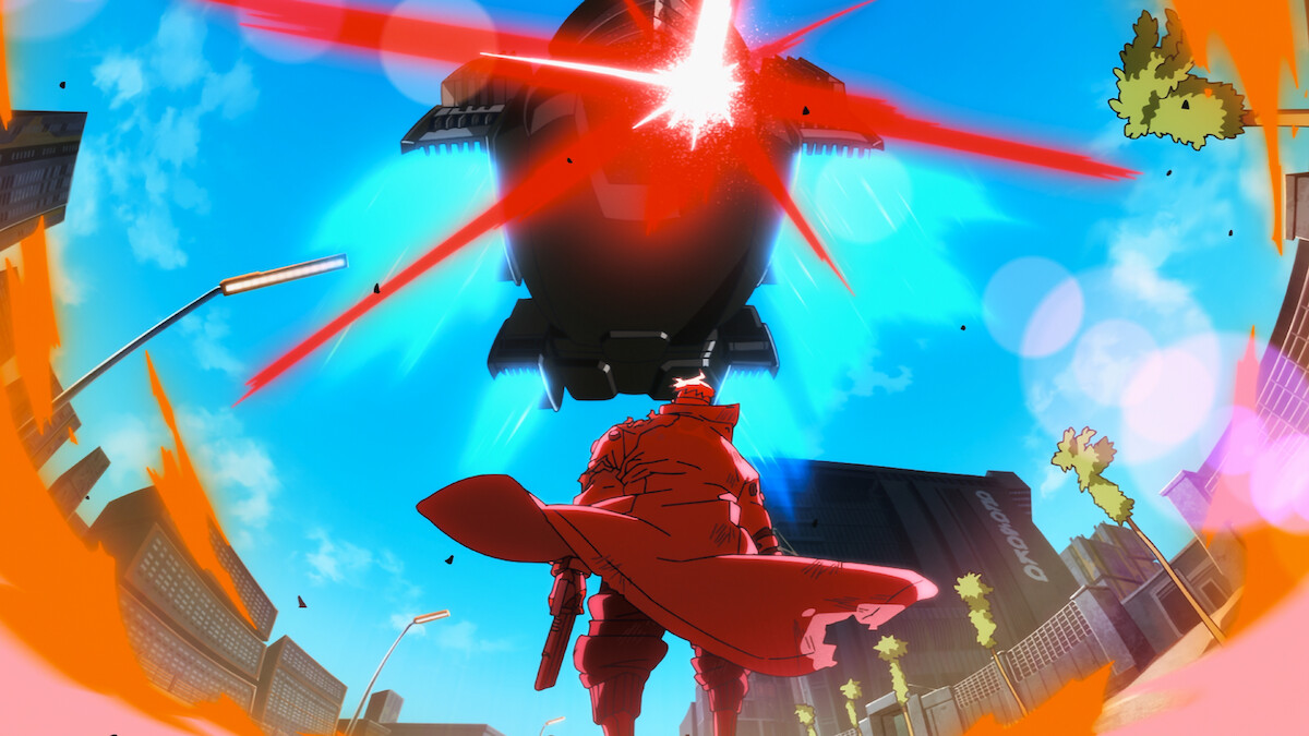 Red-coated figure beneath an aircraft firing a bright red beam against a cyan sky