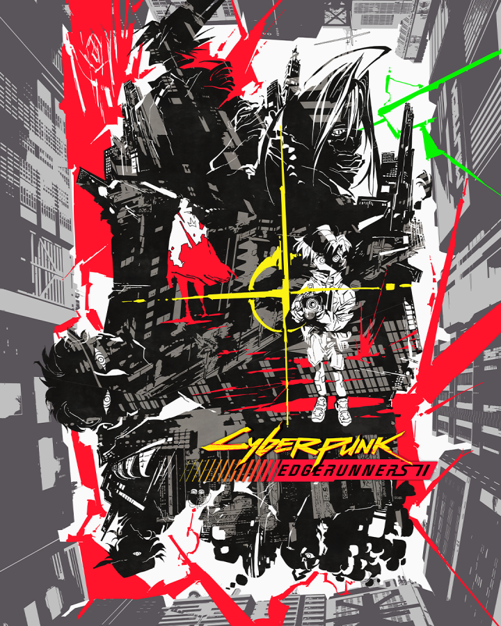 Vertical Cyberpunk Edgerunners 2 promotional poster with black and white figures and red yellow and green graphic marks