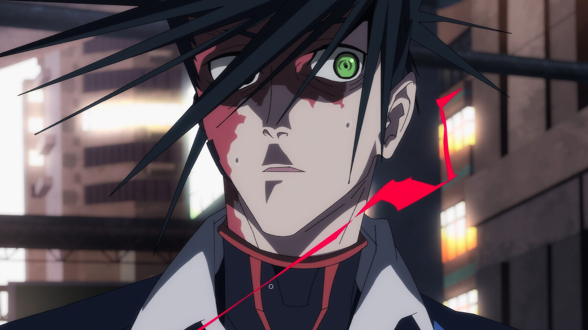 Dark-haired character with a green cybernetic eye framed by diagonal foreground bars