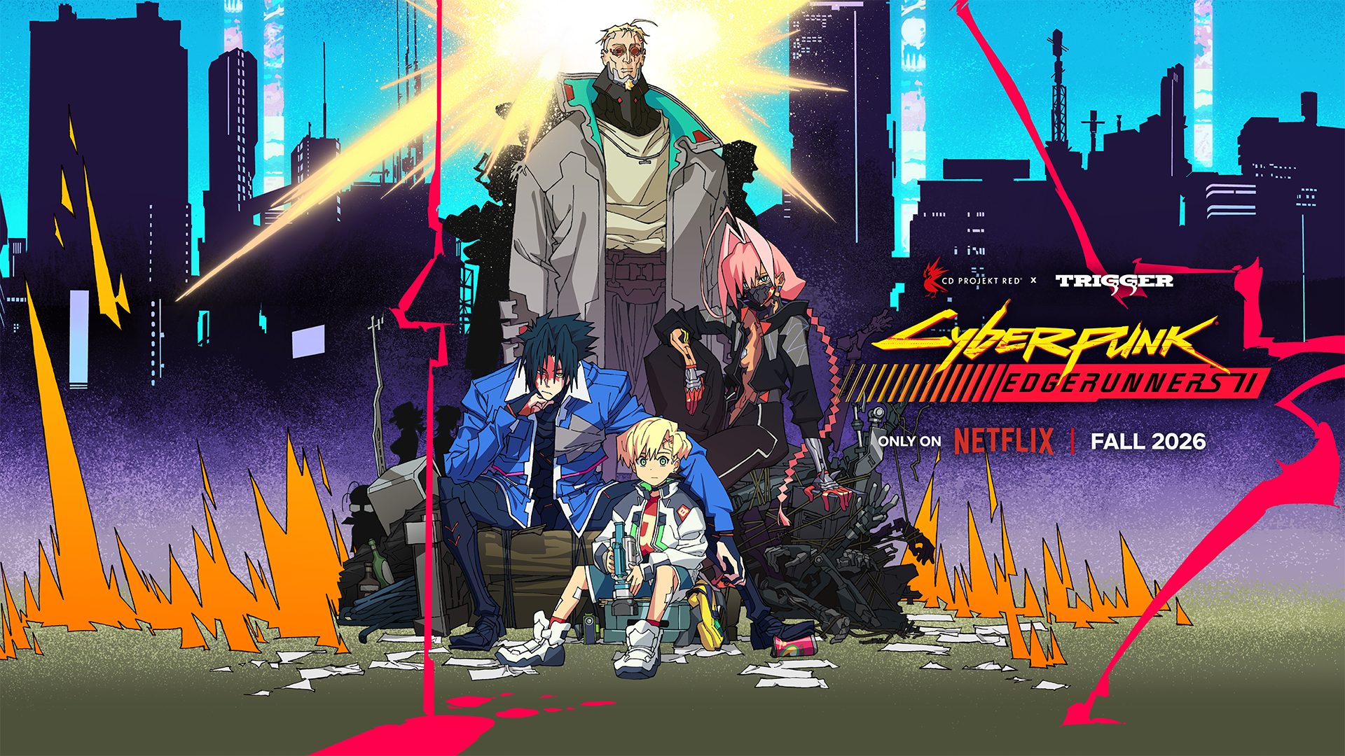 Cyberpunk: Edgerunners 2 ensemble key visual with characters beneath a neon Night City skyline