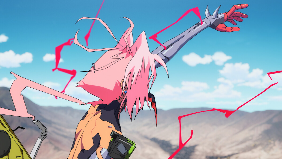 Pink-haired character raising a cybernetic arm beneath a blue sky with angular pink effects