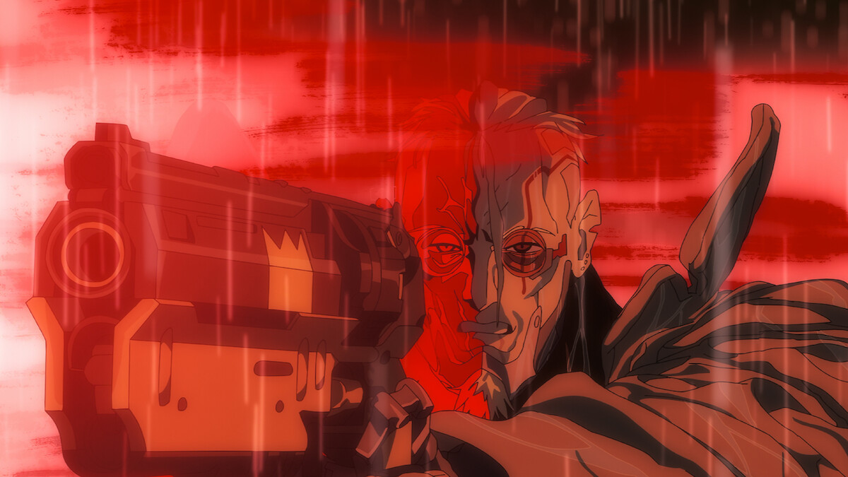 Character in a dark coat against a saturated red industrial backdrop