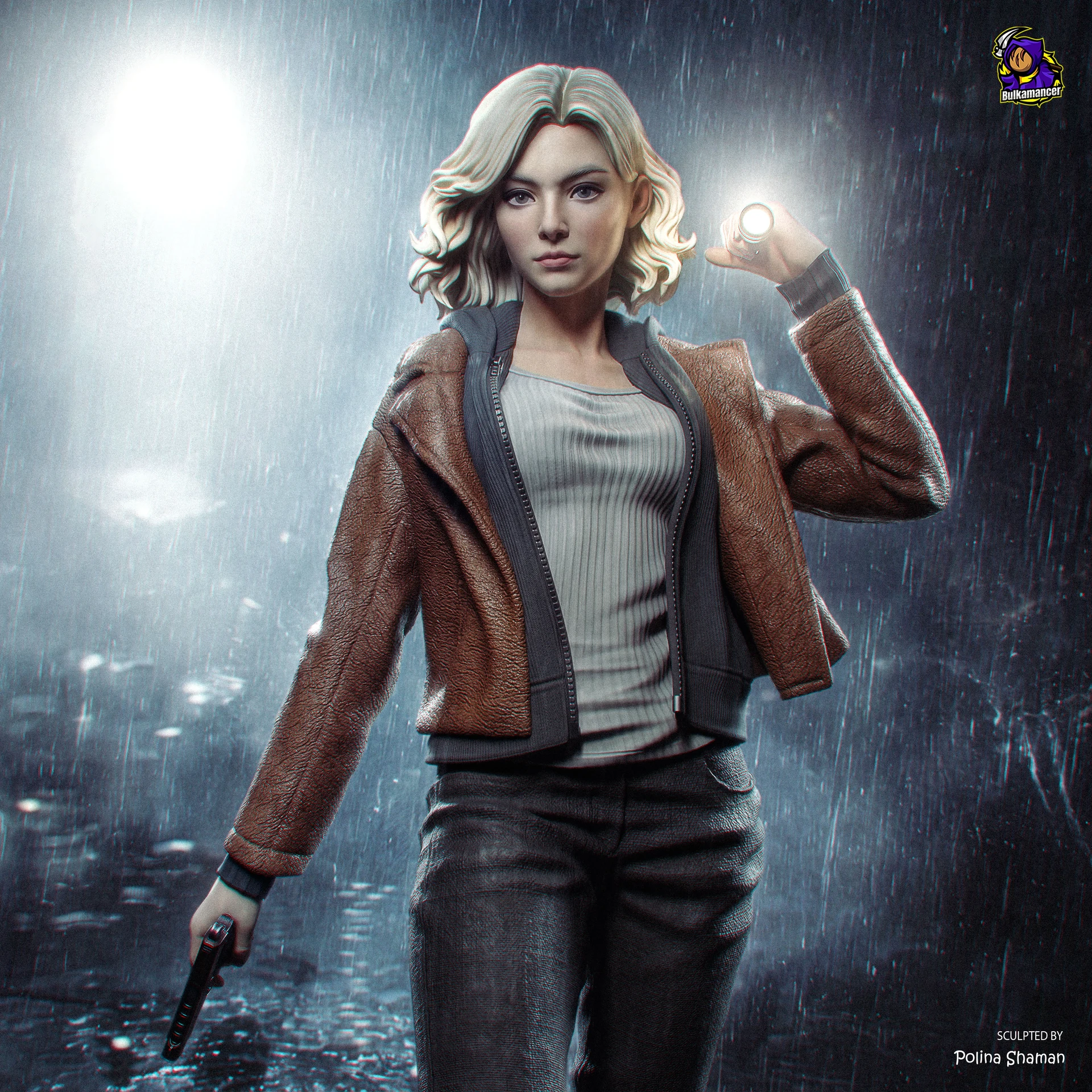 Grace Ashcroft fan-art sculpture: rain-lit coloured front portrait