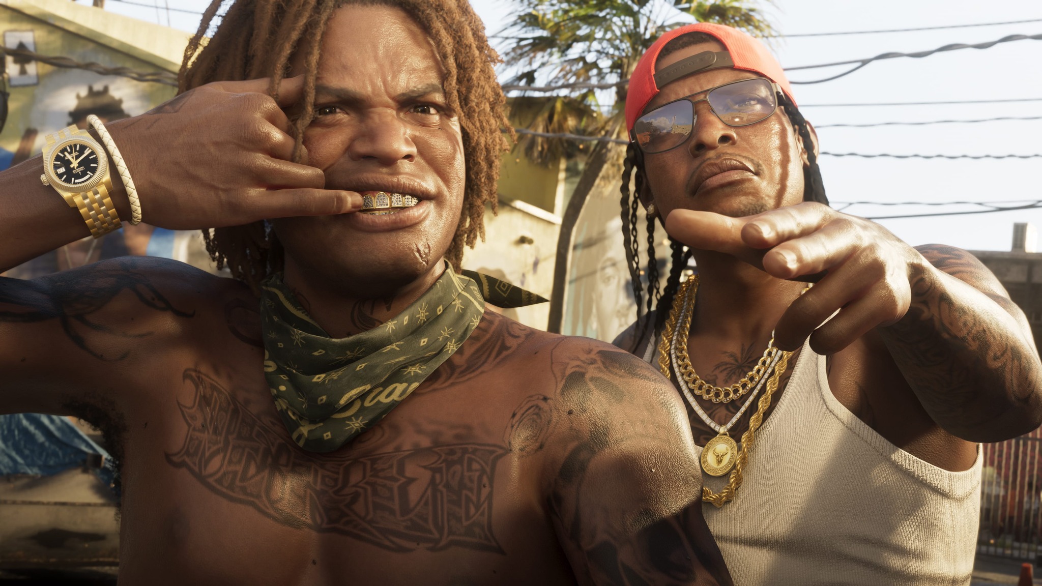 Two men pose close to the camera on a sunlit Vice City street