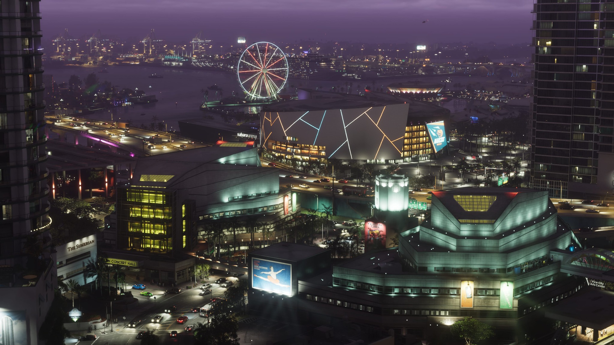 Vice City's illuminated waterfront buildings and a Ferris wheel at night