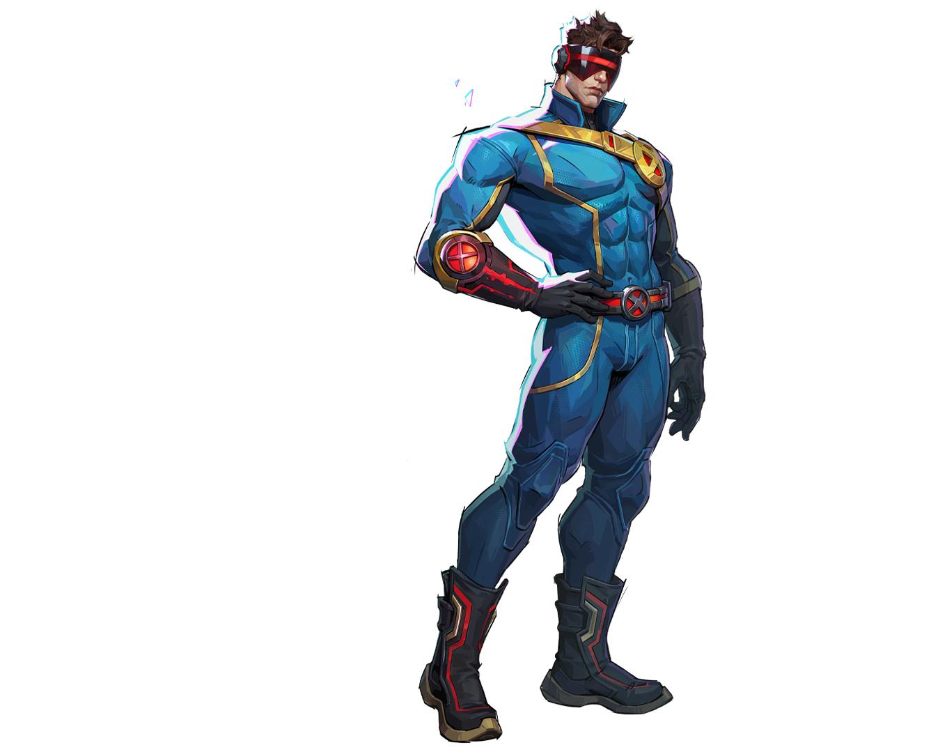 Full-body Marvel Rivals artwork of Cyclops in a blue suit with gold straps and a red visor on a white background