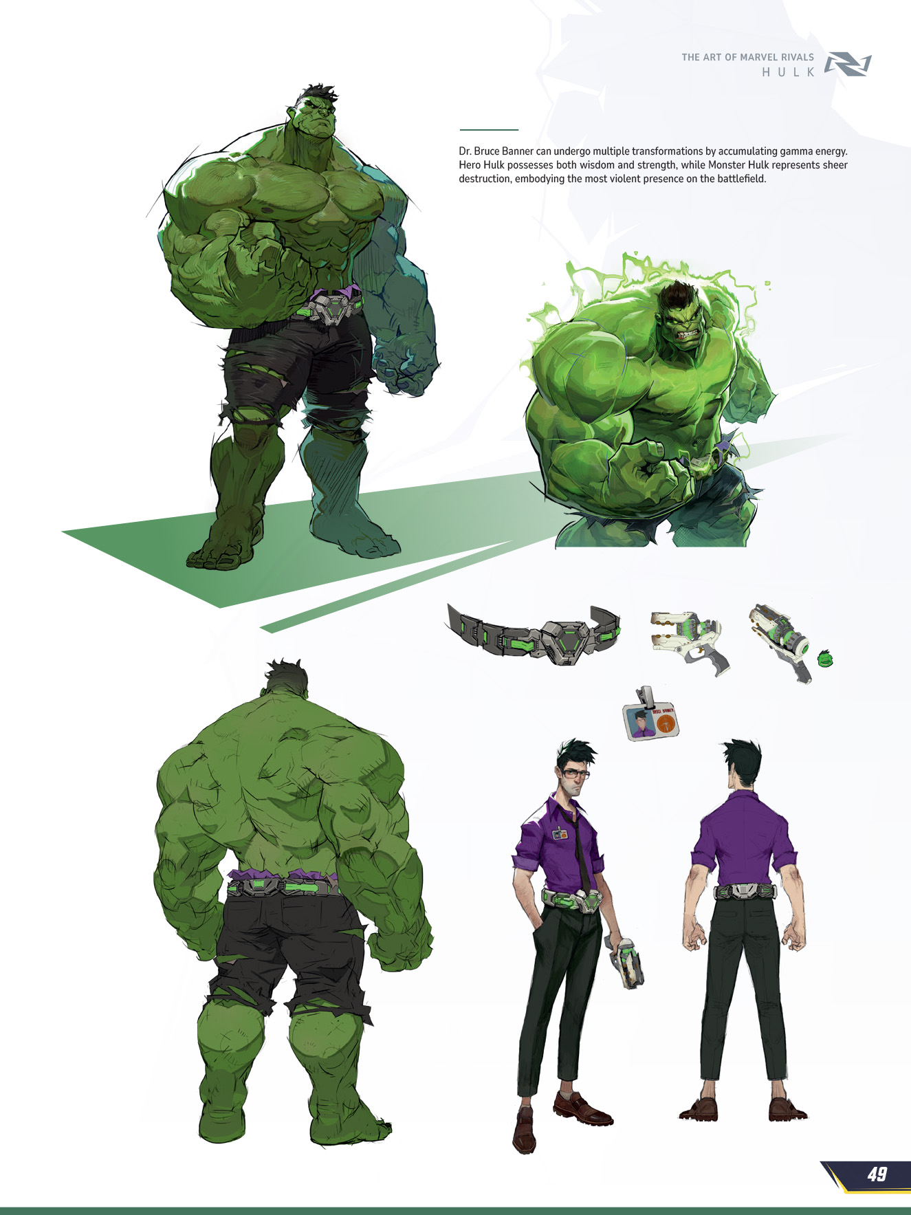 Hulk design page from The Art of Marvel Rivals showing multiple character views, fists and Bruce Banner