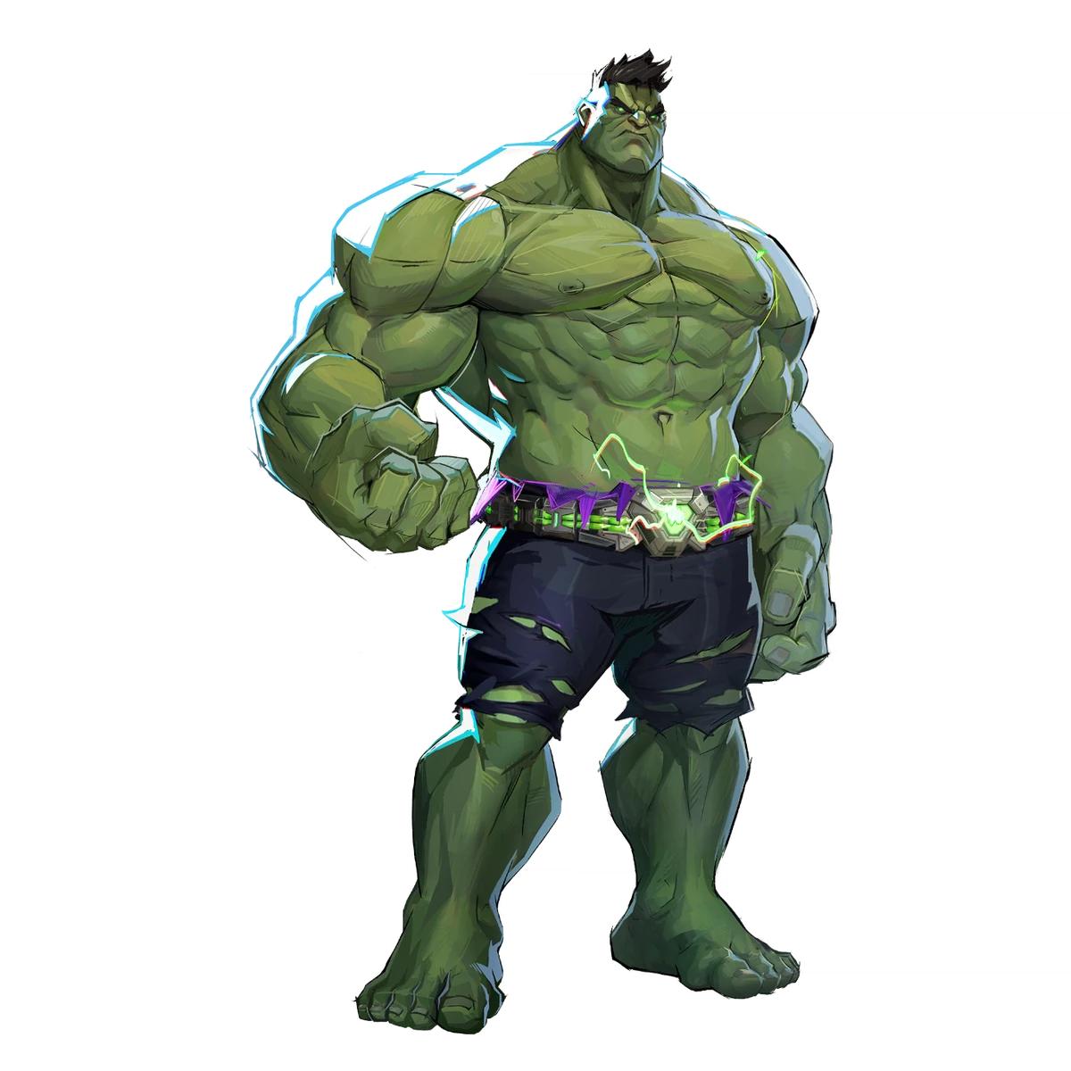 Full-body Marvel Rivals Hulk character artwork with a broad green silhouette and purple trousers