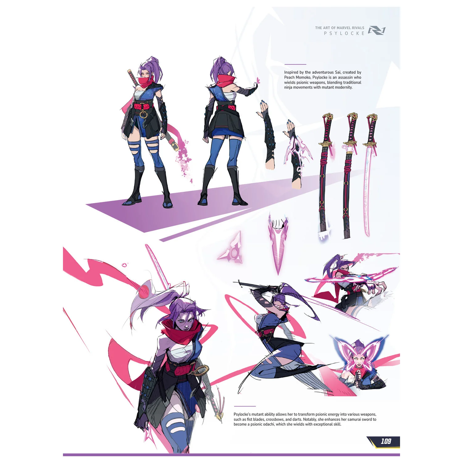 Psylocke design sheet from The Art of Marvel Rivals with front and back costume views, weapon details and action poses