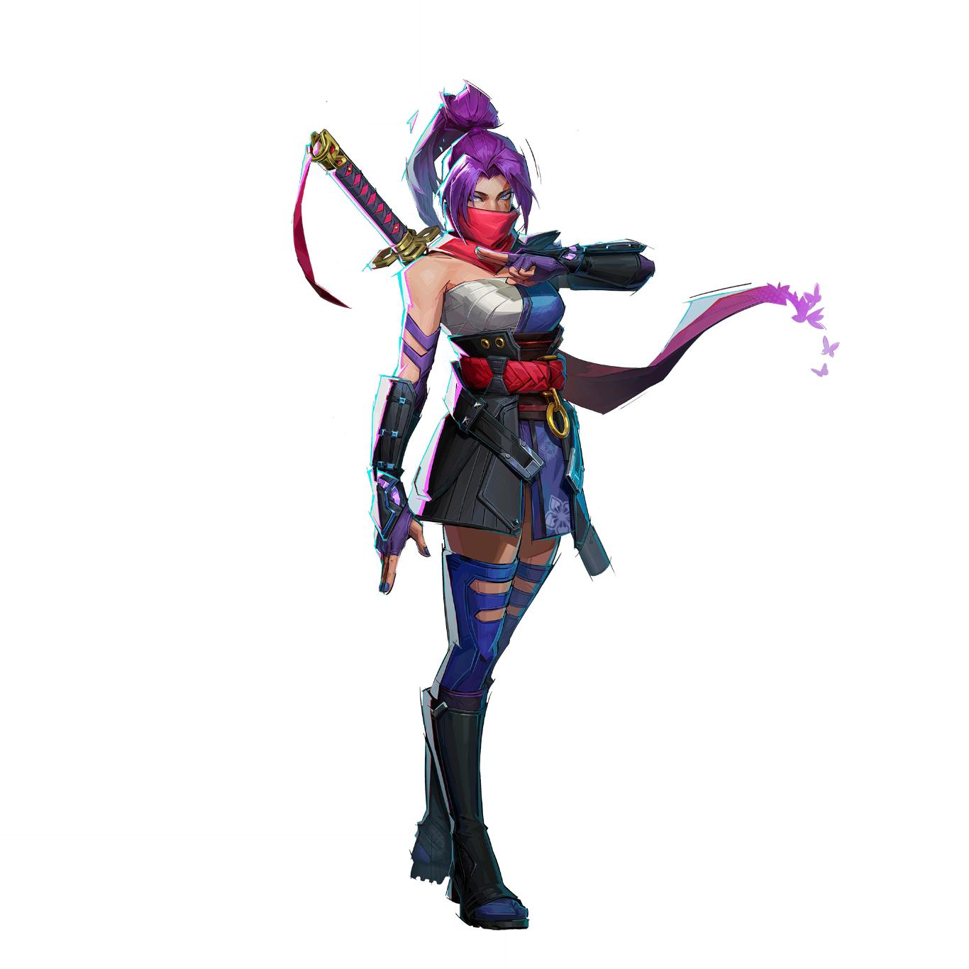 Full-body Marvel Rivals Psylocke artwork with purple hair, a red scarf and a sword against white