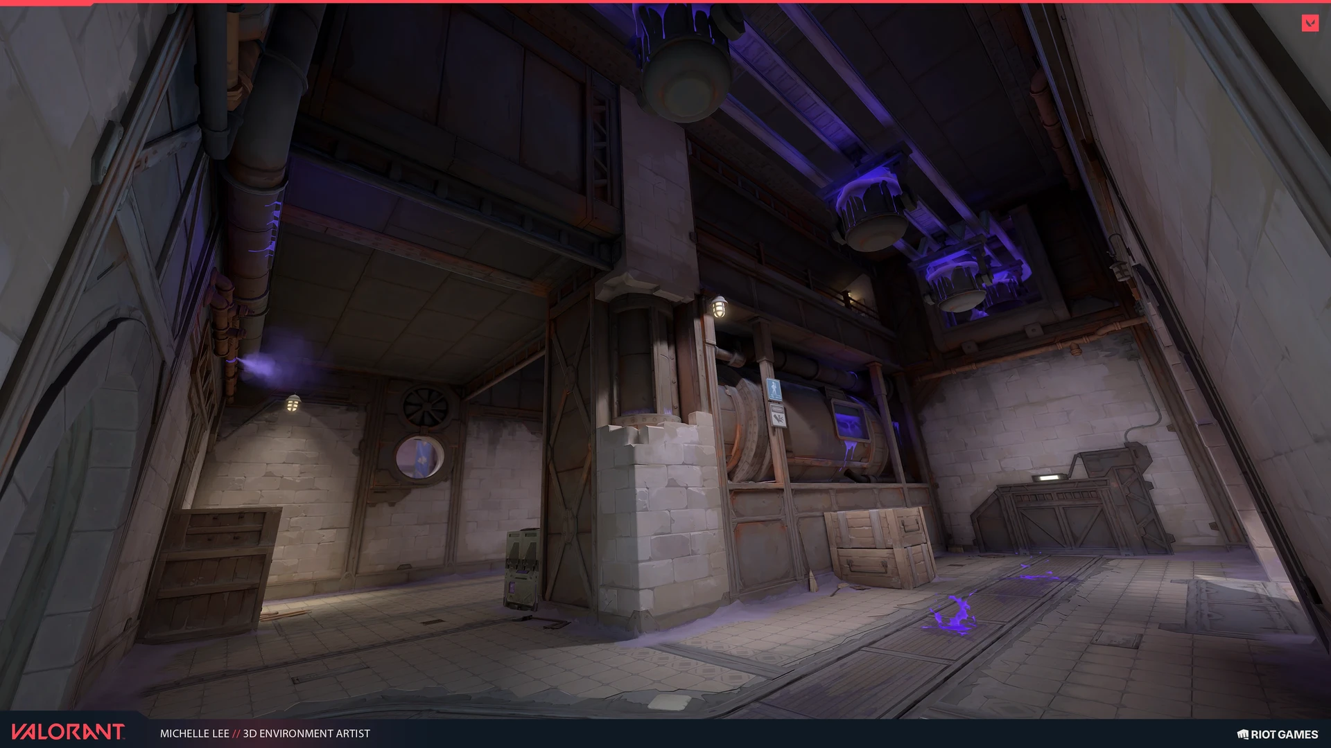 Industrial interior with broad pillars, machinery and violet light.