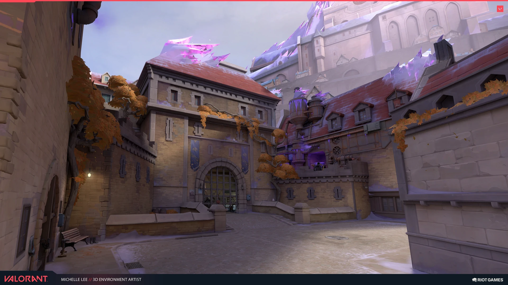 Courtyard gate, violet pipes and golden foliage beneath distant towers.