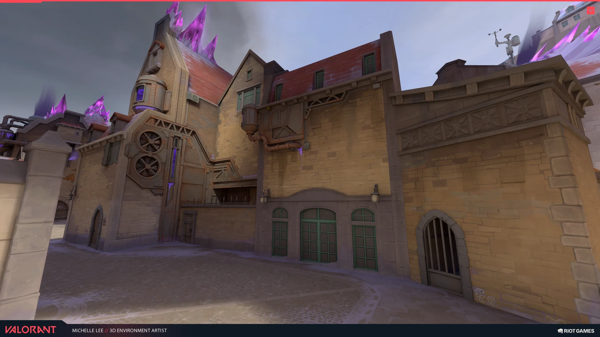 Gabled building with fans, a red roof and violet crystals.