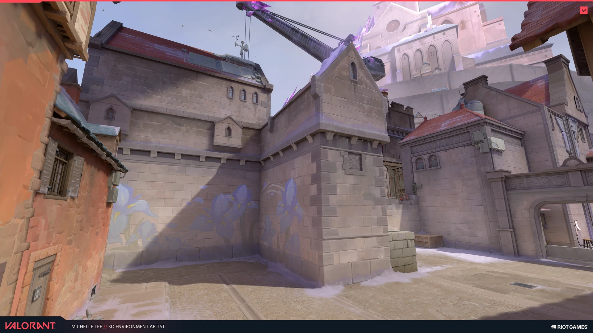 Stone corner with a flower mural and a distant pale citadel.