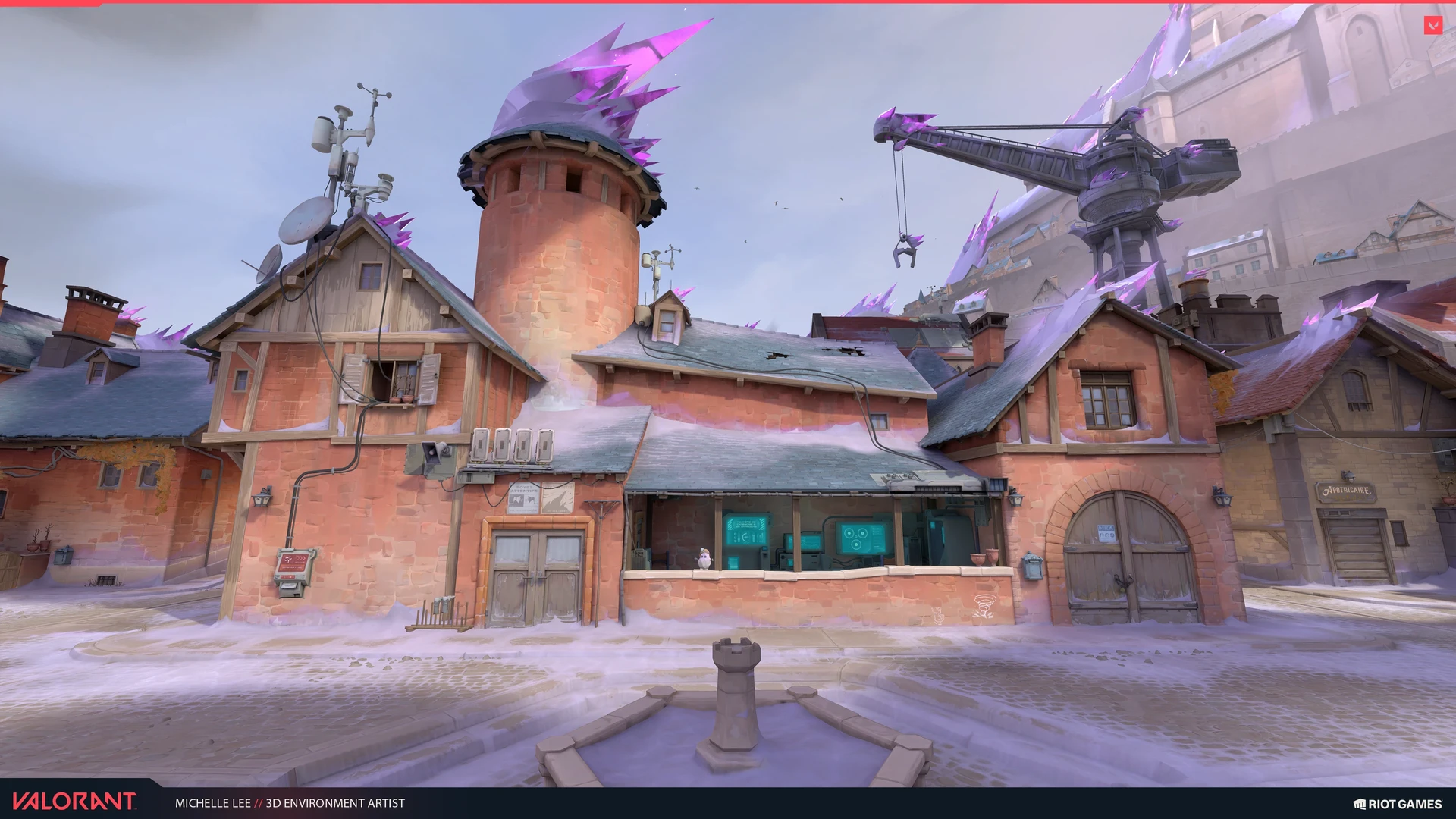 Orange buildings and a round tower with blue roof tiles, cyan screens and violet crystals at CORRODE's attacker spawn.