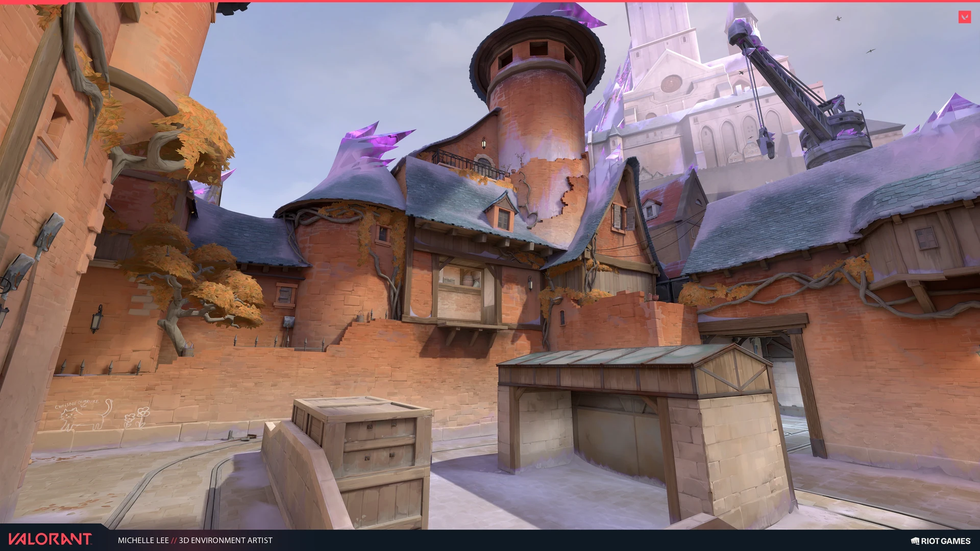 B Site's orange tower and blue rooftops overlooking crates and salt-refinement equipment.